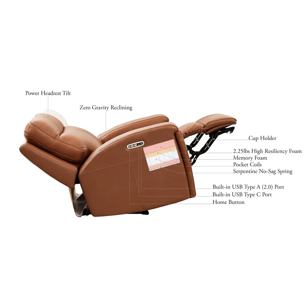 Hydeline Venice Zero Gravity Power Recline and Headrest Top Grain Leather Recliner with Cup Holder