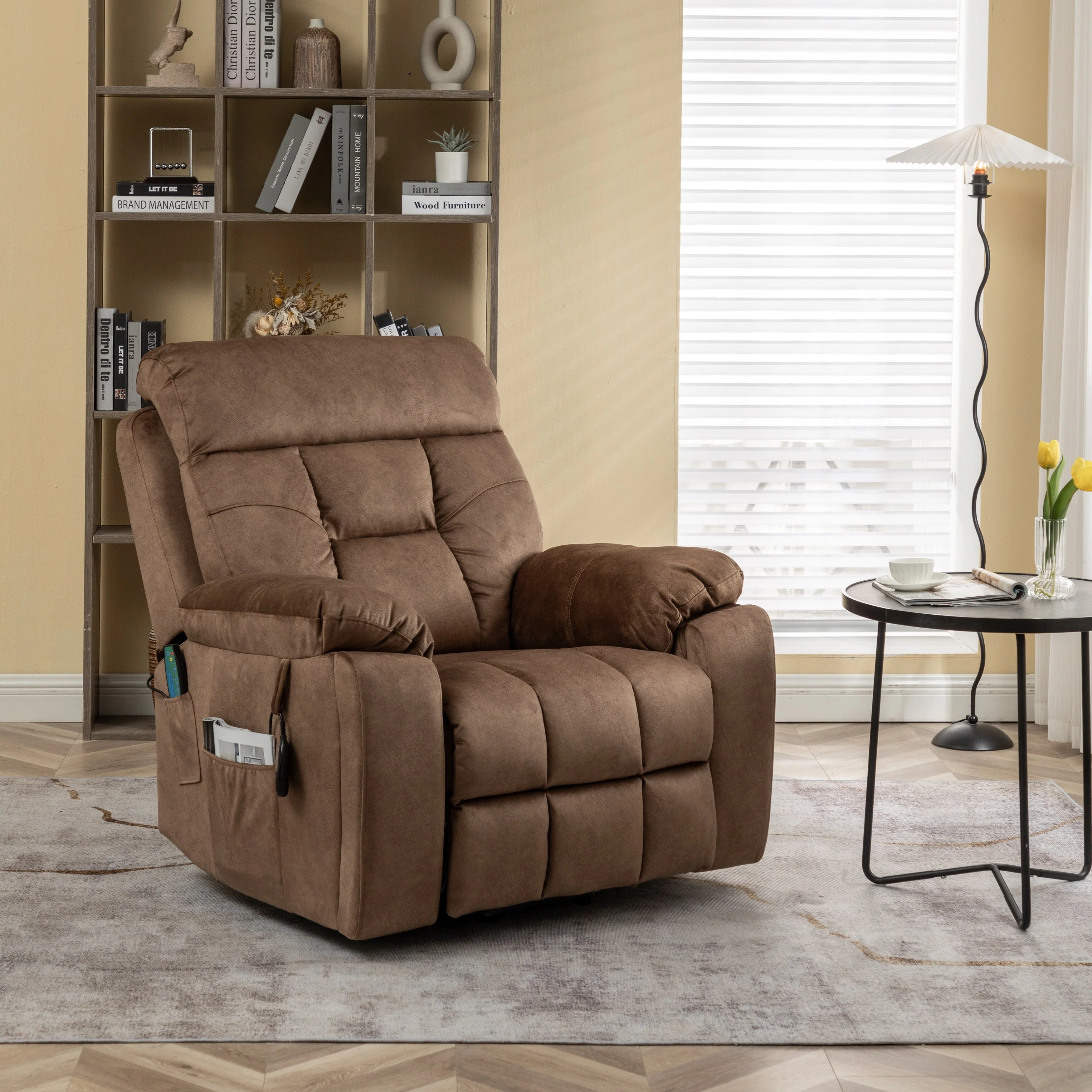 Brown Velvet Lift Recliner, Massage, Hidden Cup Holder, Pockets