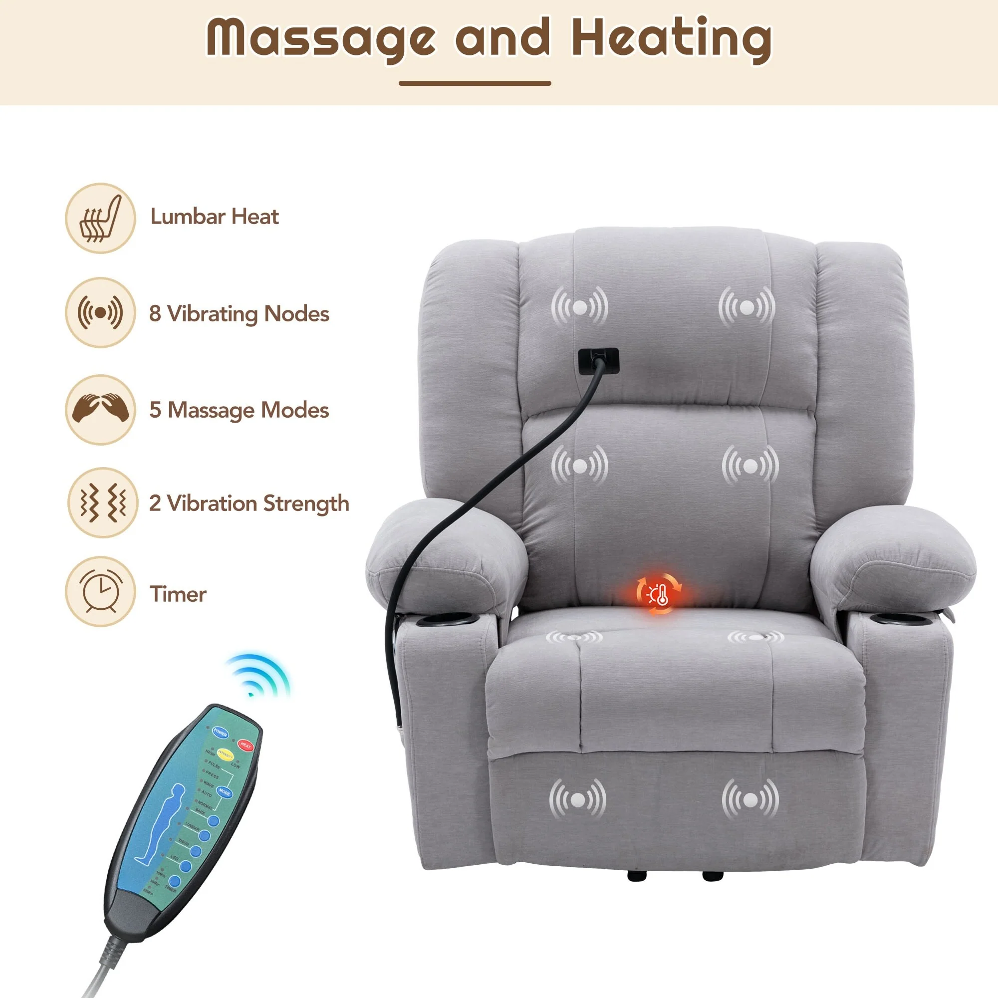 Electric Lift Recliner Chair with Massage, Heating, Cup Holders & 360�� Swivel Phone Holder, Adjustable Recline Options