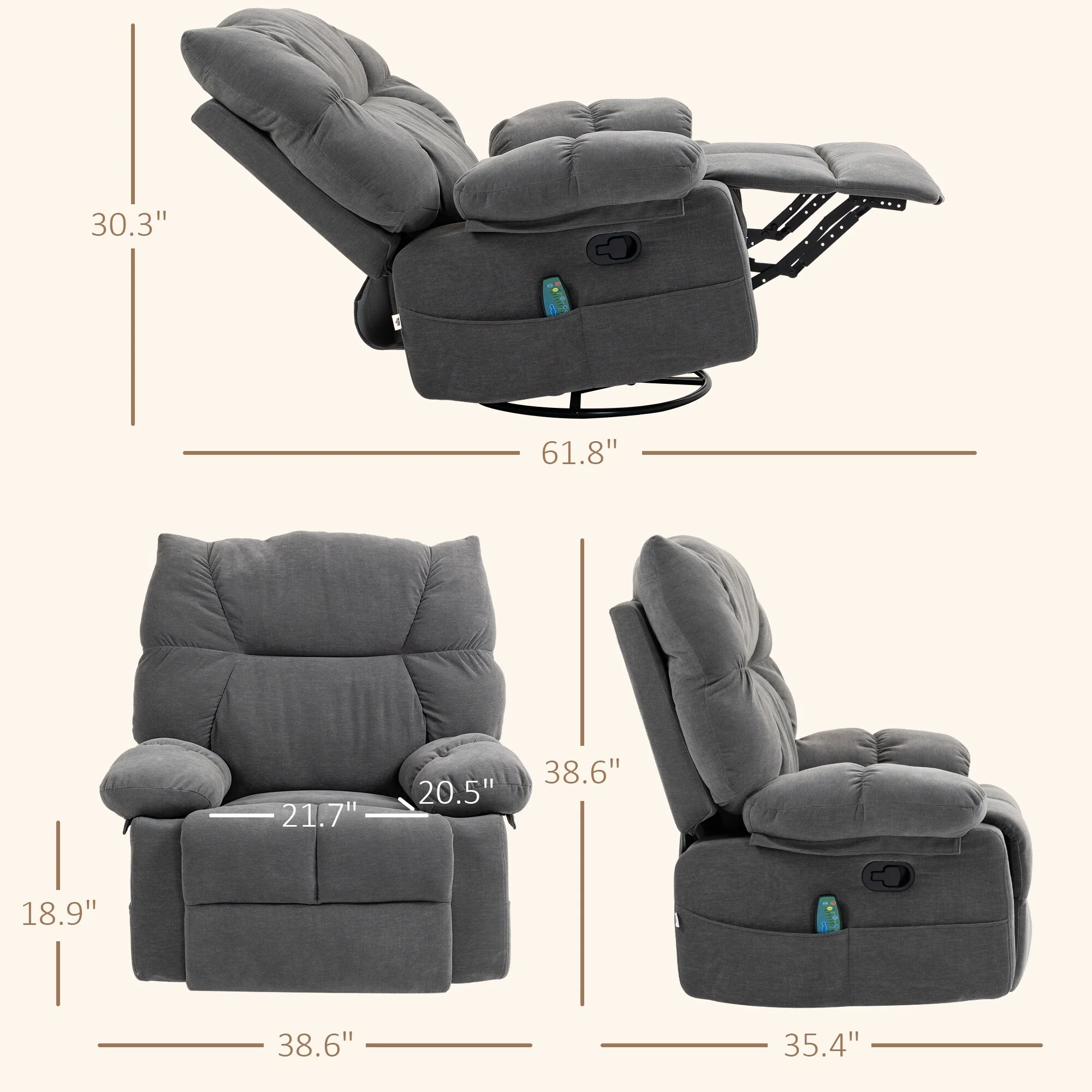 Grey Swivel Manual Recliner featuring Vibration Massage, Heating, Footrest, Remote Control, and Four Convenient Side Pockets