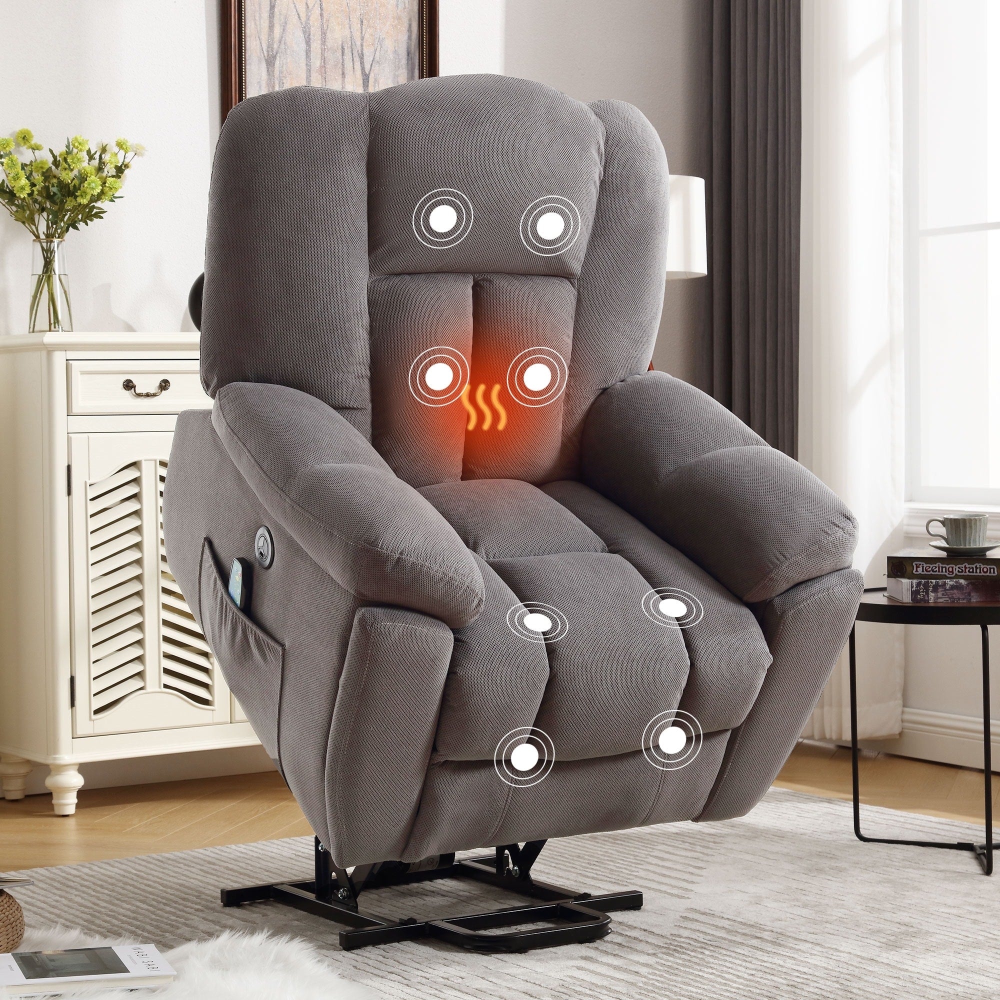 Senior-Friendly Electric Lift Recliner with Heat & 8-Point Massage, USB Charging, Side Storage Pockets, and Durable Upholstery