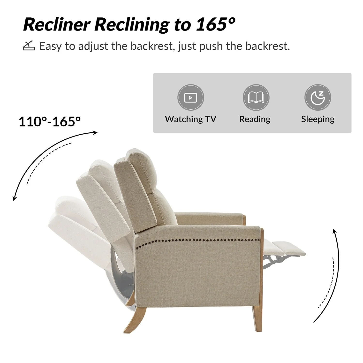 Suares Transitional Nailhead Manual Recliner with Solid Wood Legs by HULALA HOME