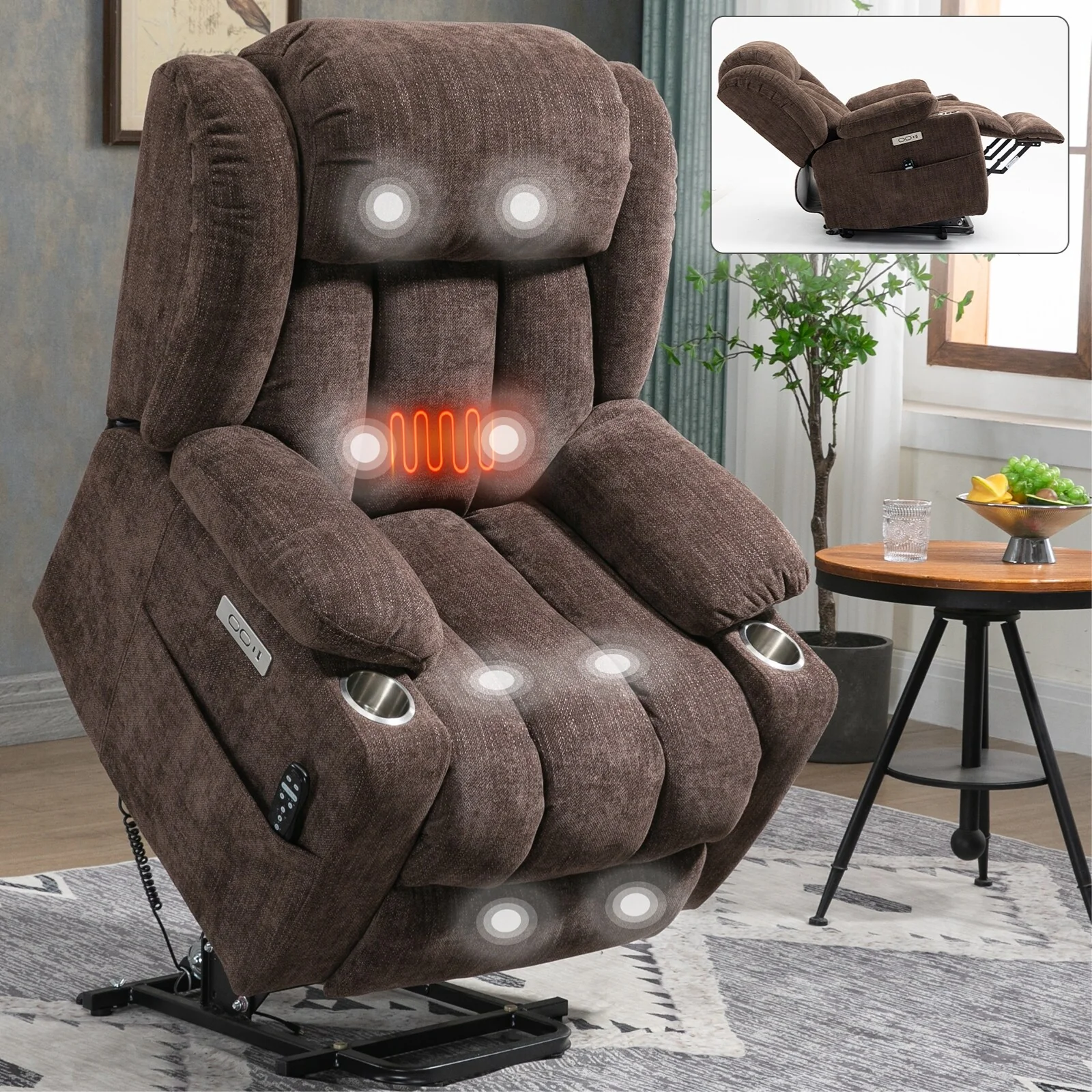 Electric Lift Recliner with Targeted Massage, Lumbar Heating, Dual USB Charging, and Stainless Steel Cup Holders