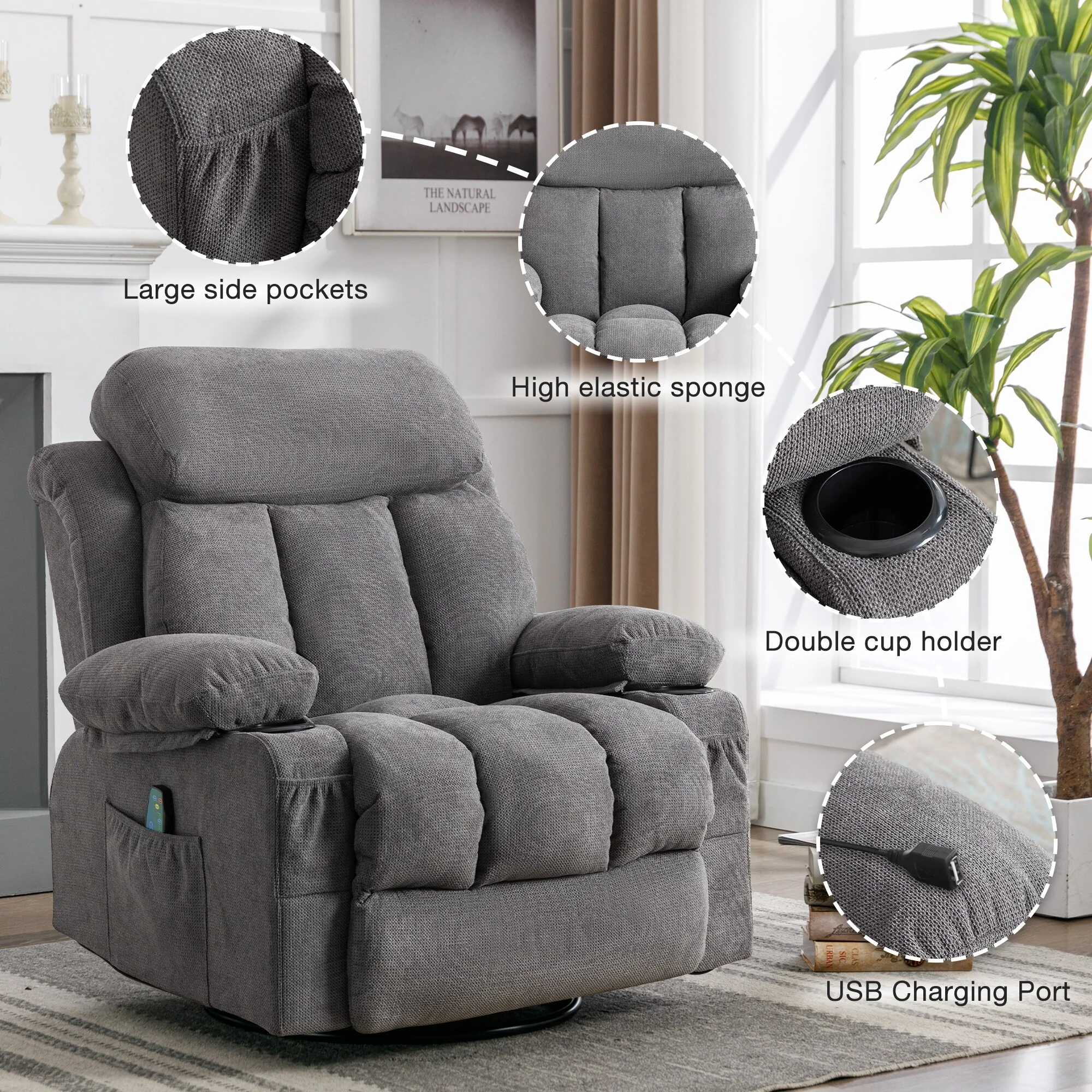 Massage 360 Swivel Rocker Recliner Chair, Heating, Cup Holders, USB