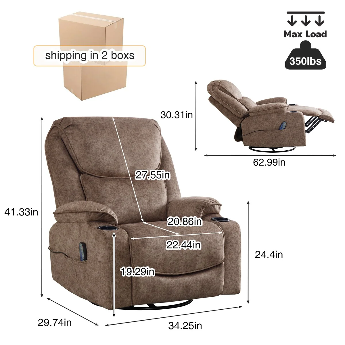 HOMYKA Swivel Manual Rocking Recliner Chair with Massage and Heat
