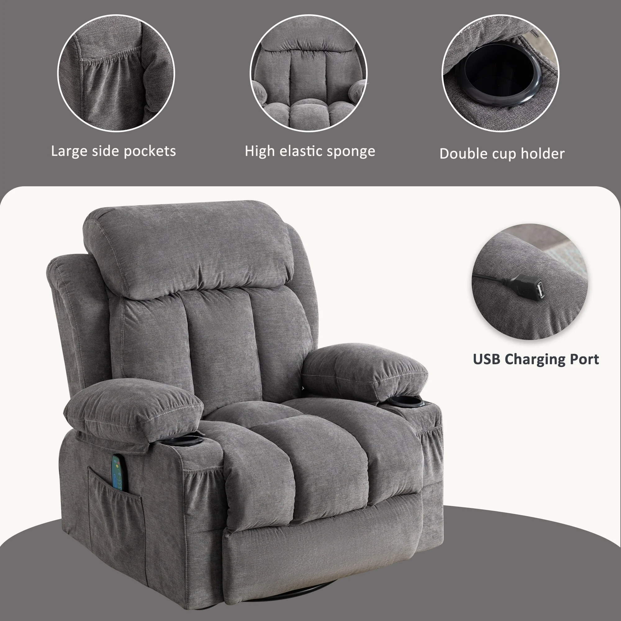 Beige 360�� Swivel Recliner with Massage, Heat, USB Charging, Dual Cup Holders, and Spacious Side Pockets