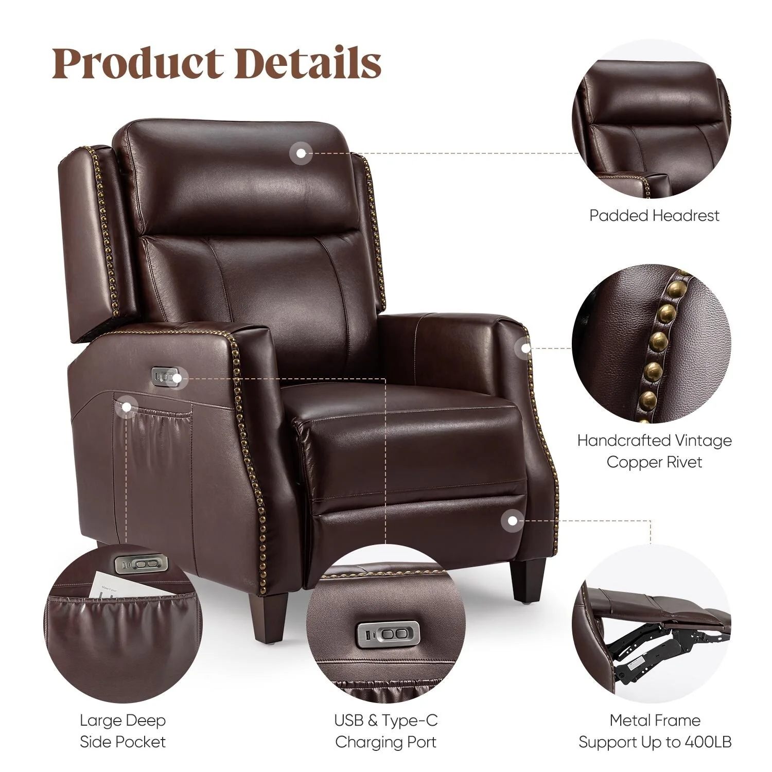 32.7 Wide Genuine Leather Recliner Power Club Recliner