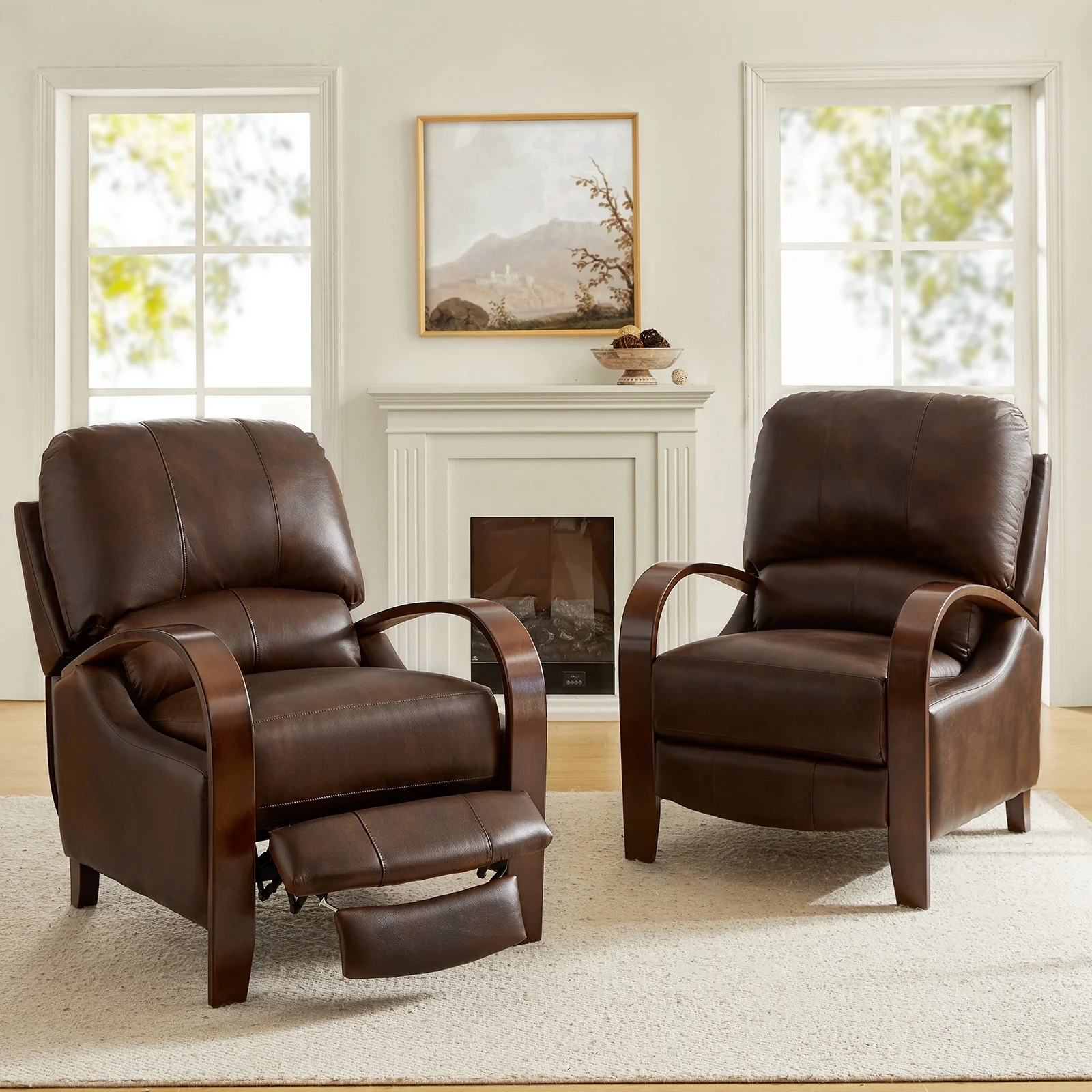 Alex Mid-century Modern Cigar Genuine Leather Manual Recliner with Wooden Curved Arms, Set of 2