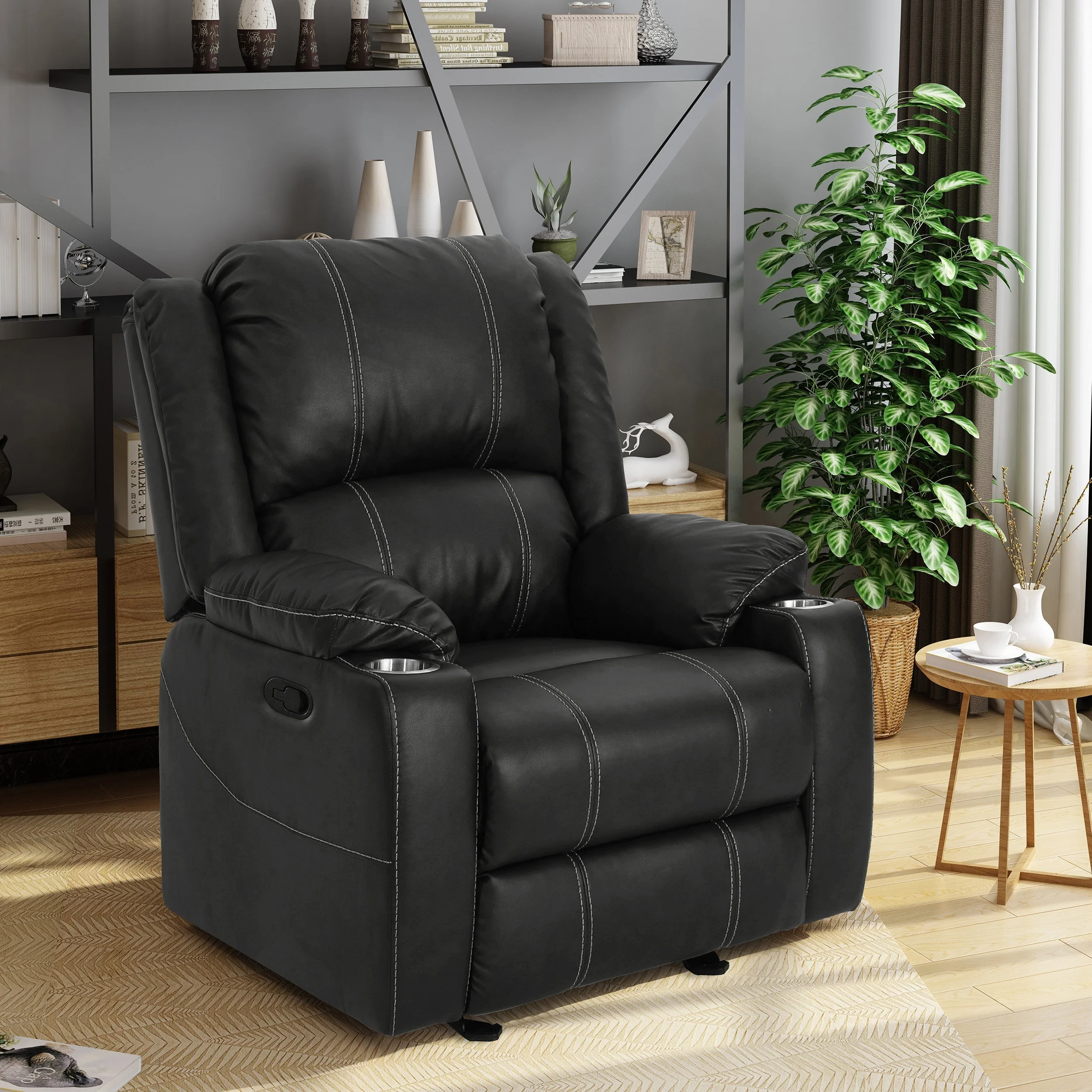 Black Contemporary Manual Recliner with Steel Cup Holders, Plush PU Leather, and Adjustable Recline