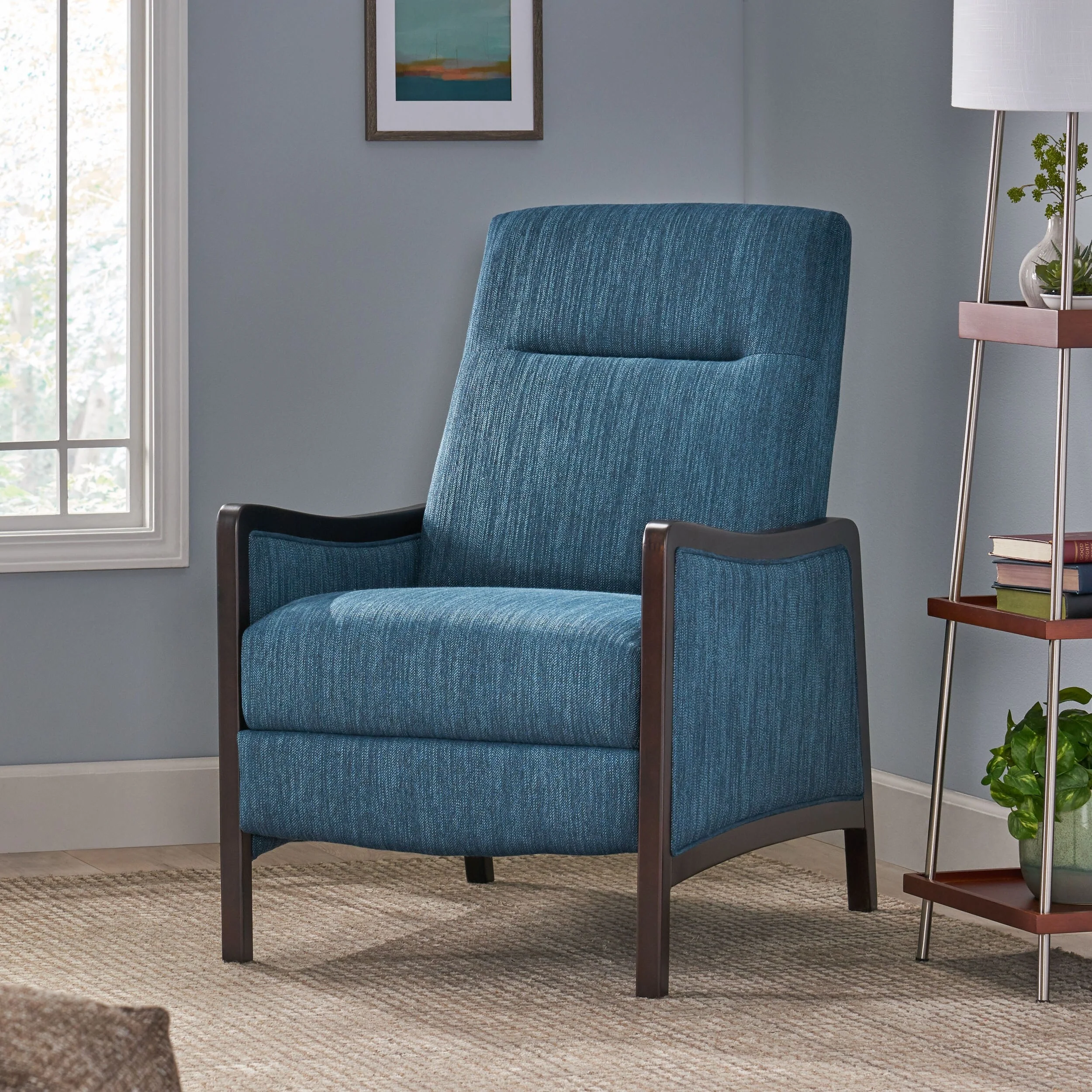 Roomfitters Mid-Century Fabric Push Back Recliner Chair with Wood Trim and Angled Arms