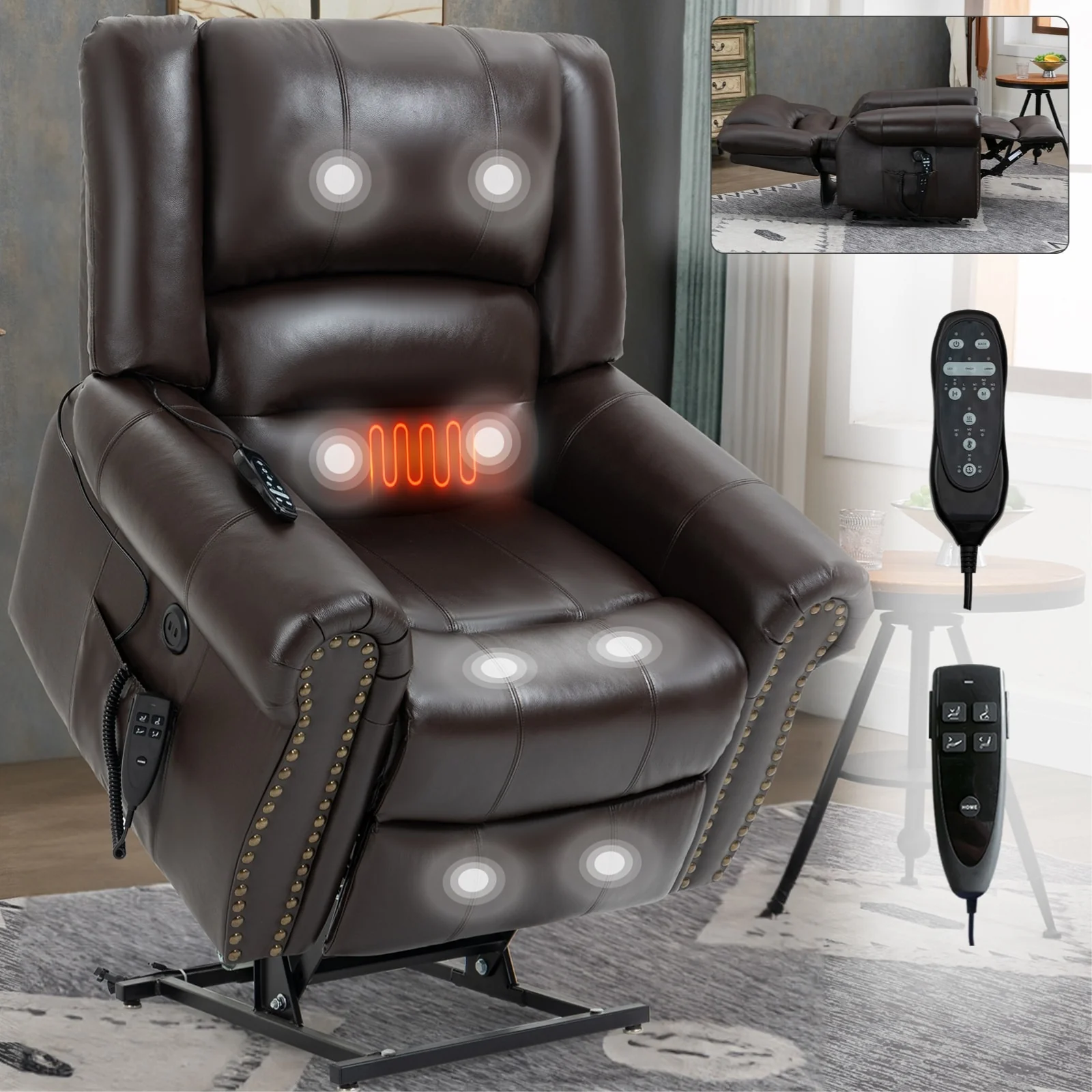 Power Lift Recliner Chair Heat Massage Dual Motor Infinite Position Up to 350 LBS, Heavy Duty Motion Mechanism with USB Ports