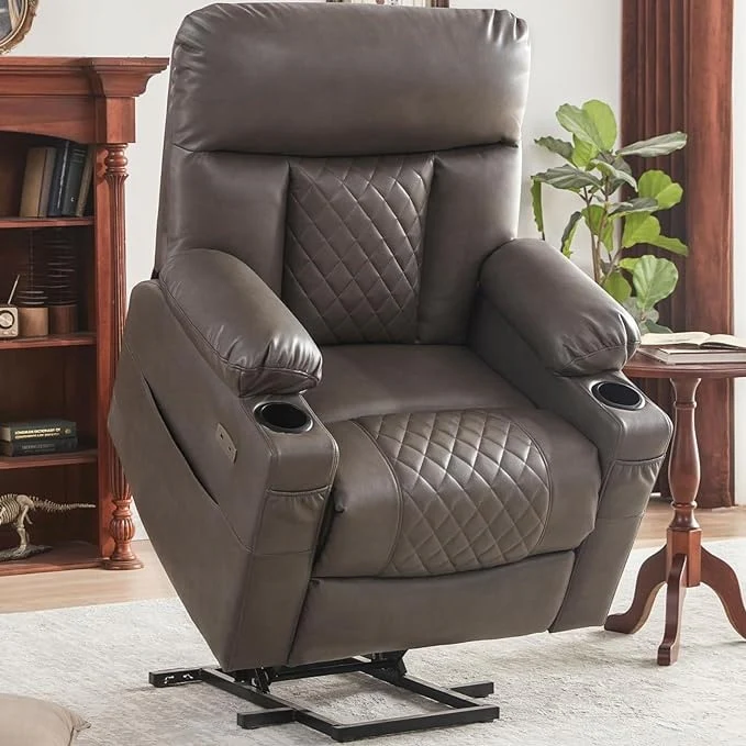 Grey Electric Power Lift Recliner with Heat, Massage, Extended Footrest, USB & Type C Ports, and Cup Holders