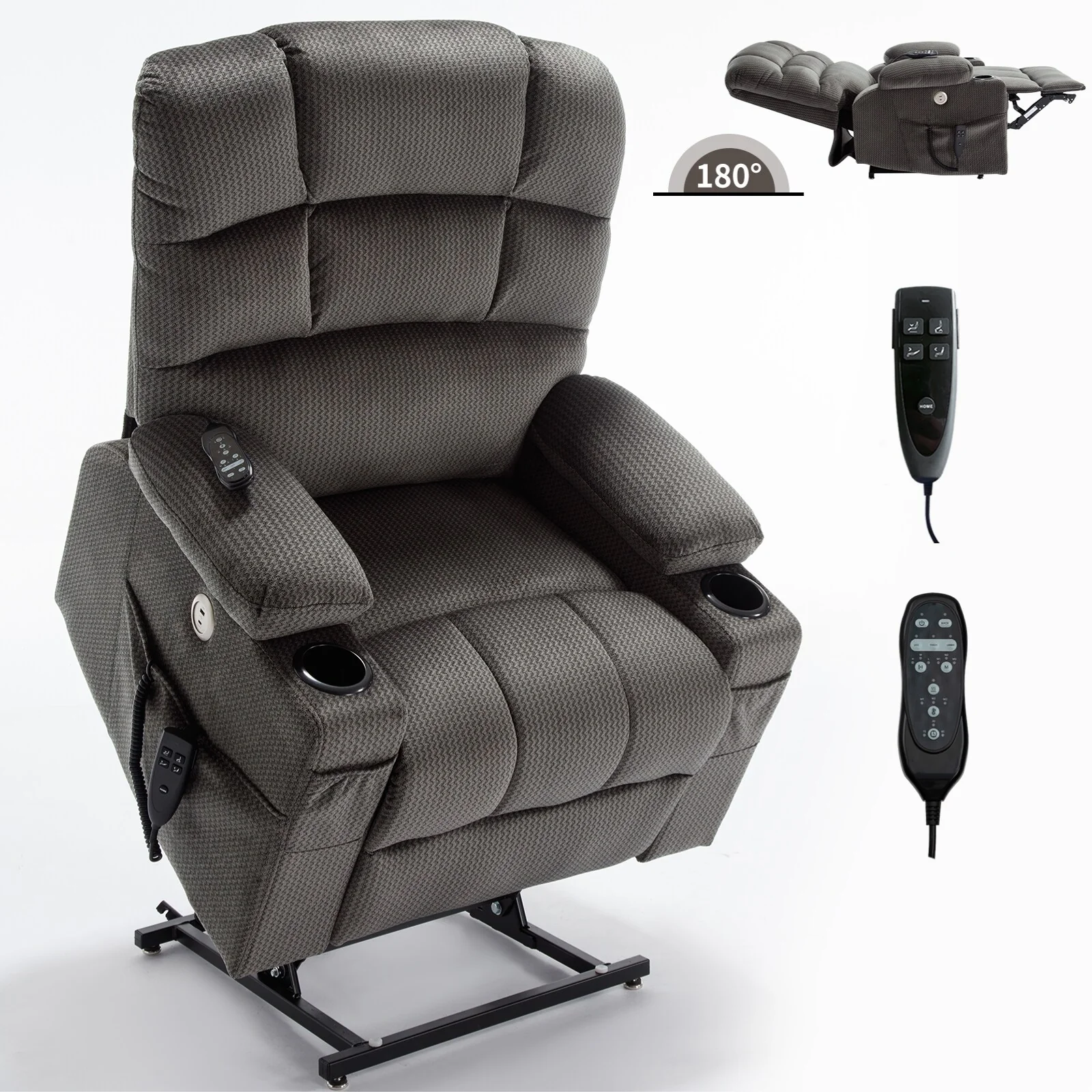 Chenille Power Lift Recliner with Massage, Heating & Cup Holders