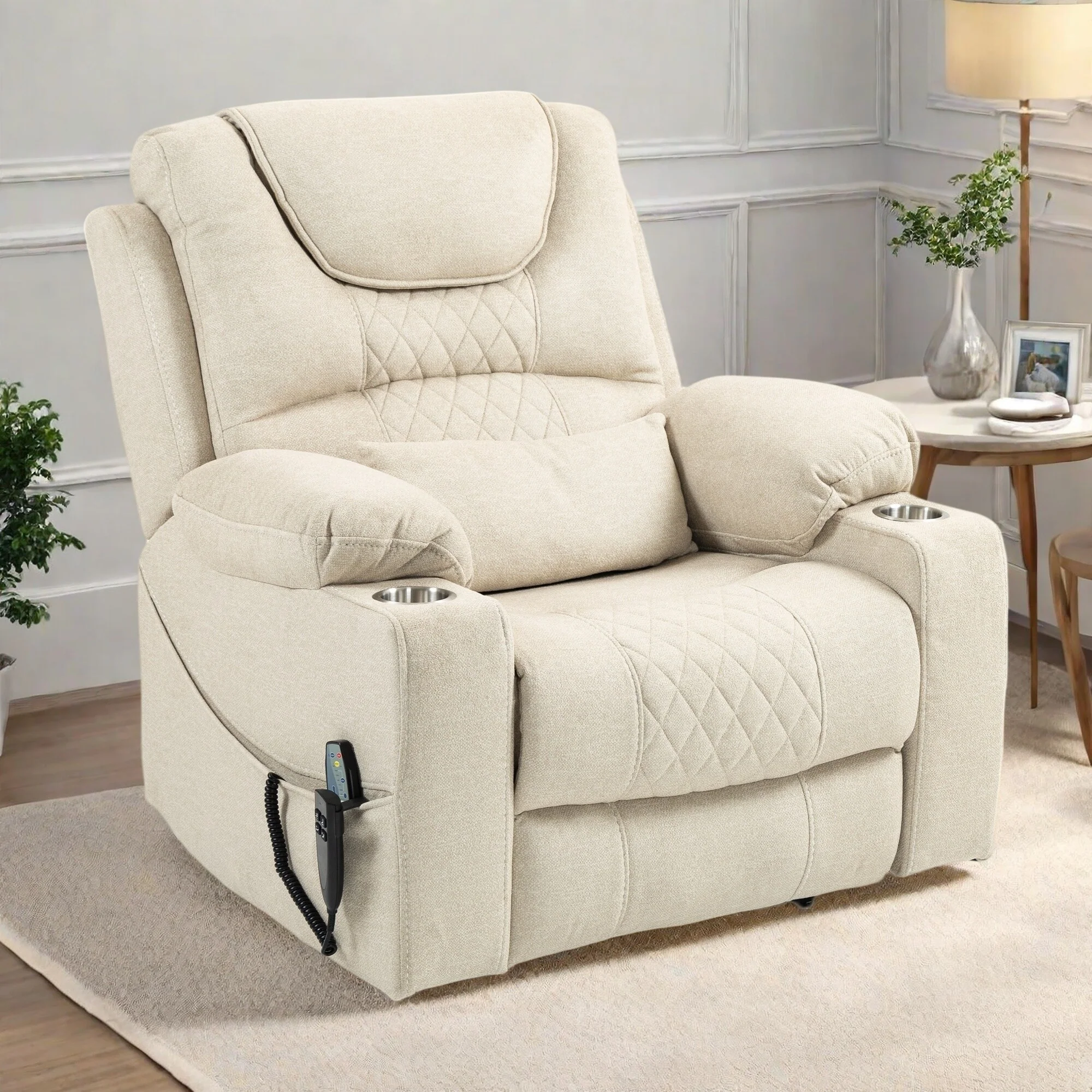 Velvet Oversized Power Lift Recliner Chair with Dual OKIN Motors, 180�� Flat Lay, Cup Holders, and 400 lbs Capacity