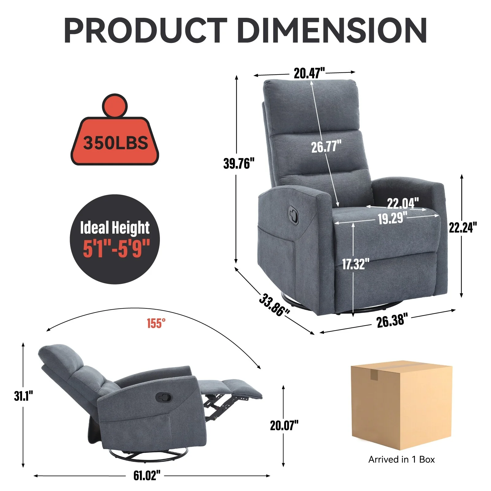 Swivel Rocking Recliner Chair with 155�� Recline and Tool-Free Assembly