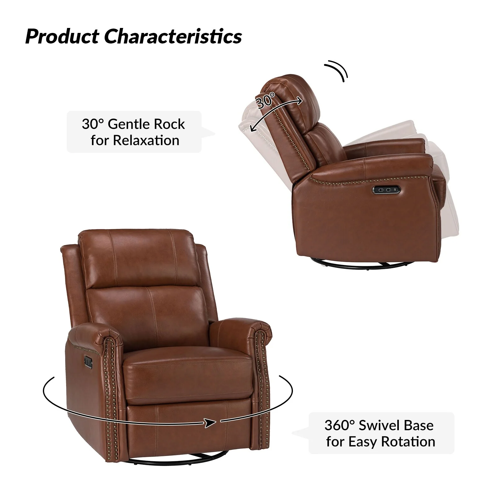 Renato Traditional Genuine Leather Nailhead Power Swivel Recliner Chair with Metal Base Set of 2 by HULALA HOME