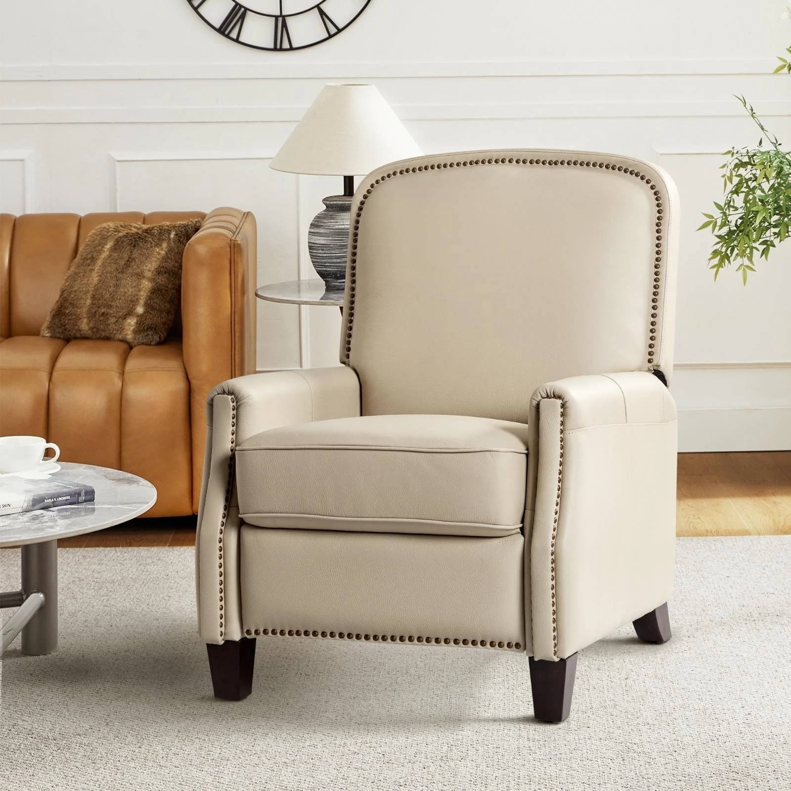 Gladis Modern Retro Genuine Leather Recliner with Nailhead Trim by HULALA HOME