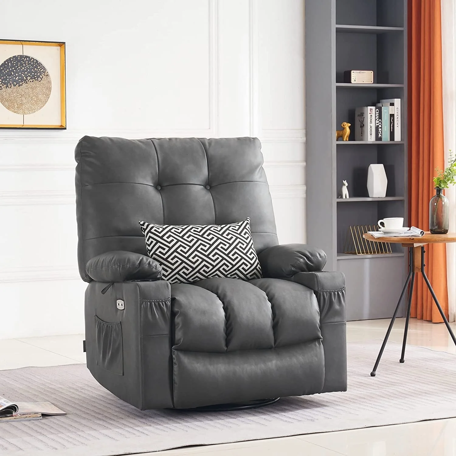 MCombo Large Power Swivel Glider Rocker Recliner Chair with Massage and Heat, Faux Leather 7748