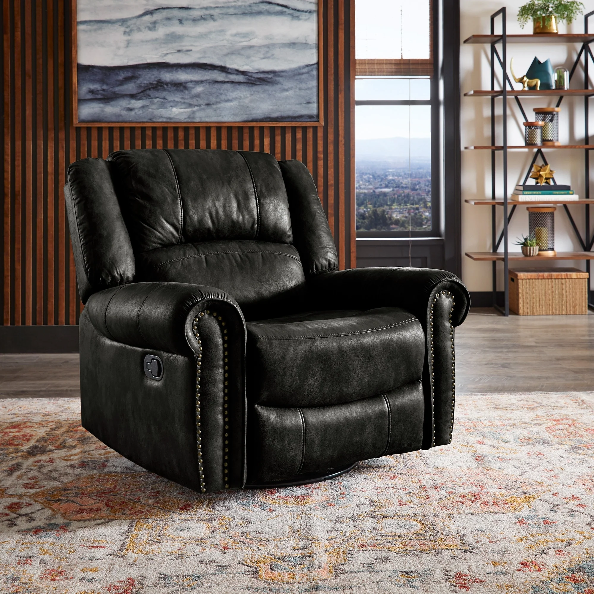 Monroe Polished Microfiber Nailhead Swivel Glider Recliner by iNSPIRE Q Classic