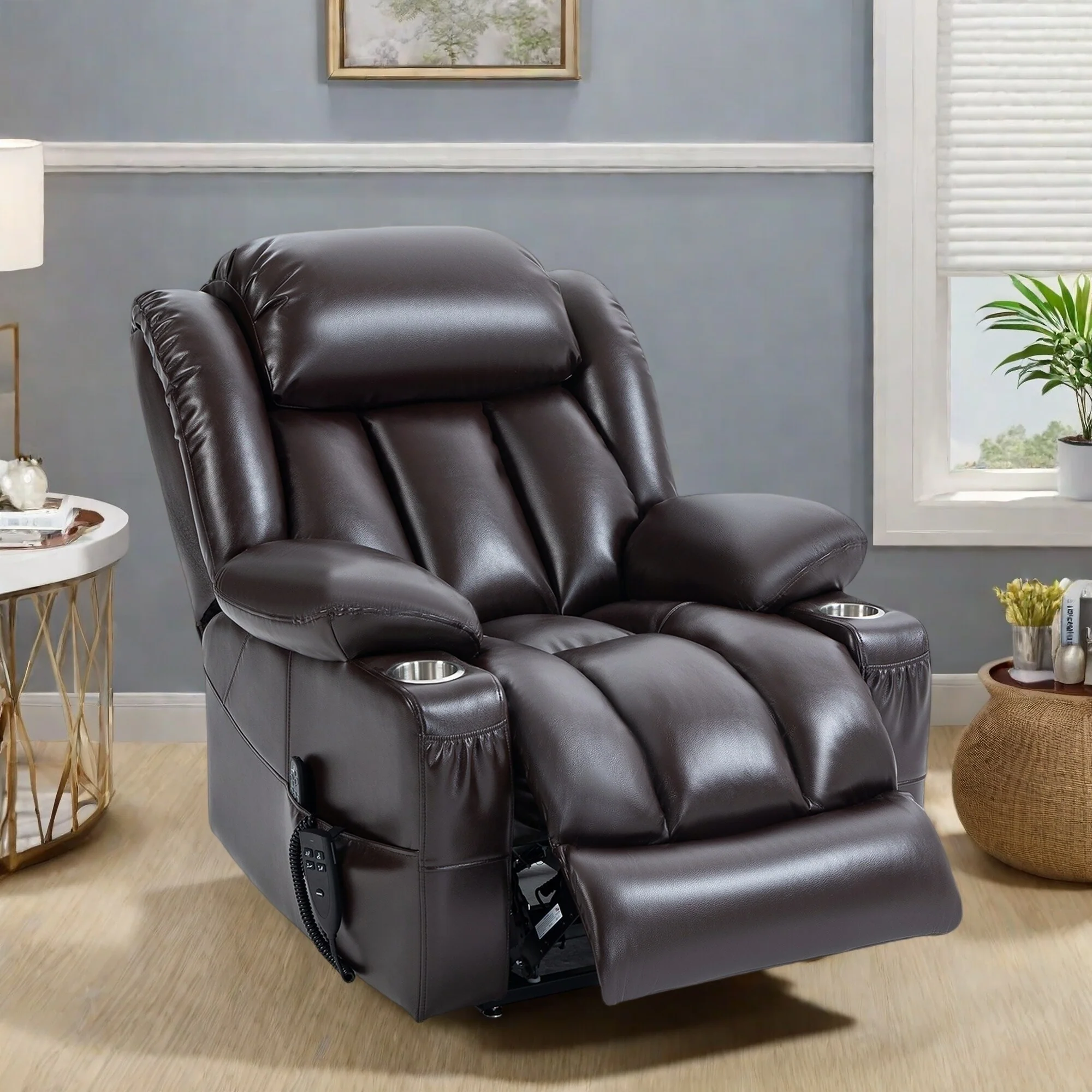 Faux Leather Power Lift Recliner Chair with Massage, Heat, Dual Motors, and Cup Holders