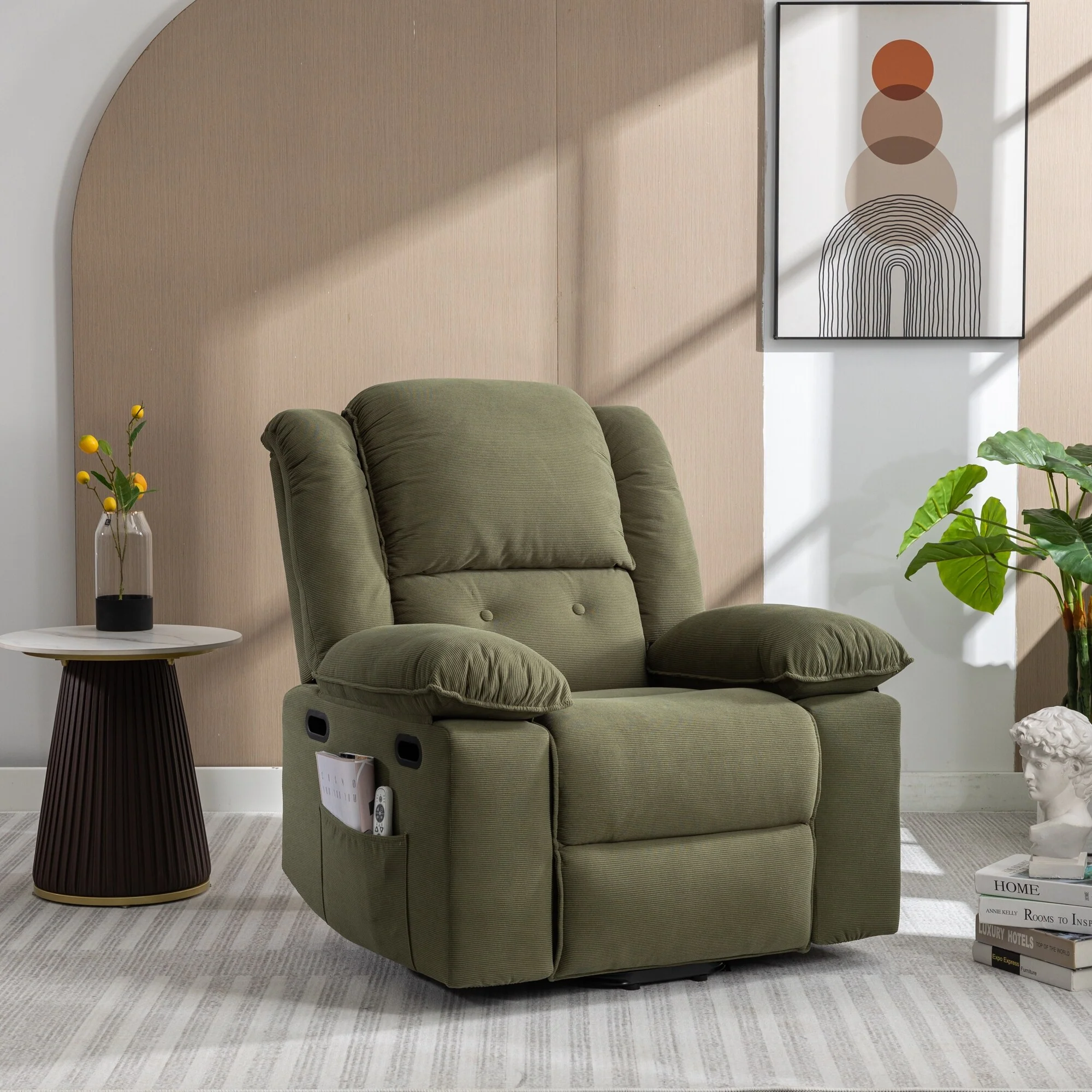 Beige Power Lift Recliner with Massage, Heating, Infinite Recline, Side Pockets, and Retractable Armrests