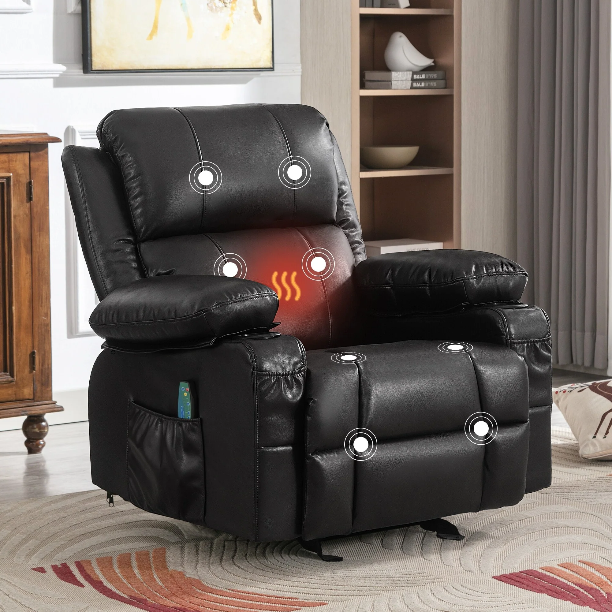 Black Adjustable Recliner Chair featuring Massage, Heating, USB Charging, Dual Cup Holders, and Side Storage