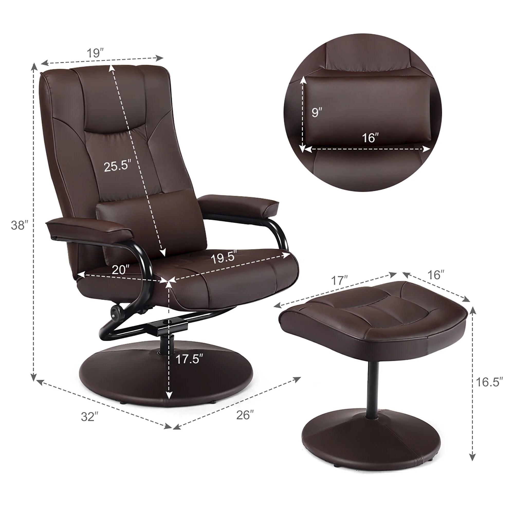 Recliner Chair 360 Degree Swivel PU Leather Chair with Footrest