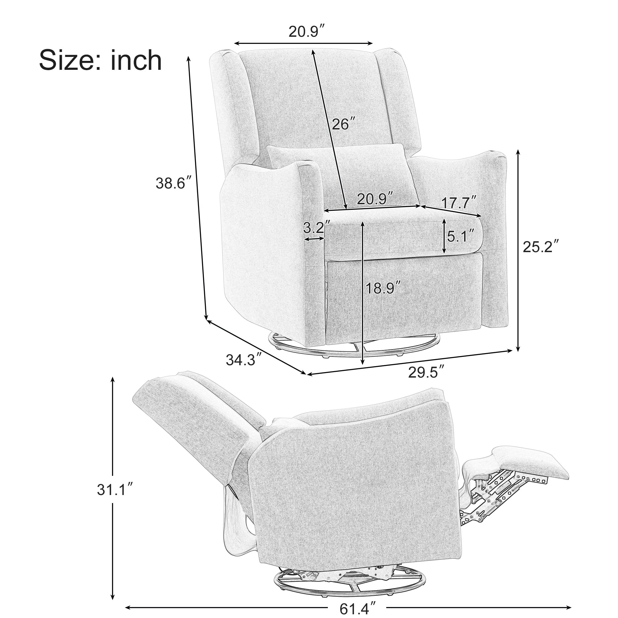 29.5'' Wide Wingback Swivel Rocker Recliner Chair
