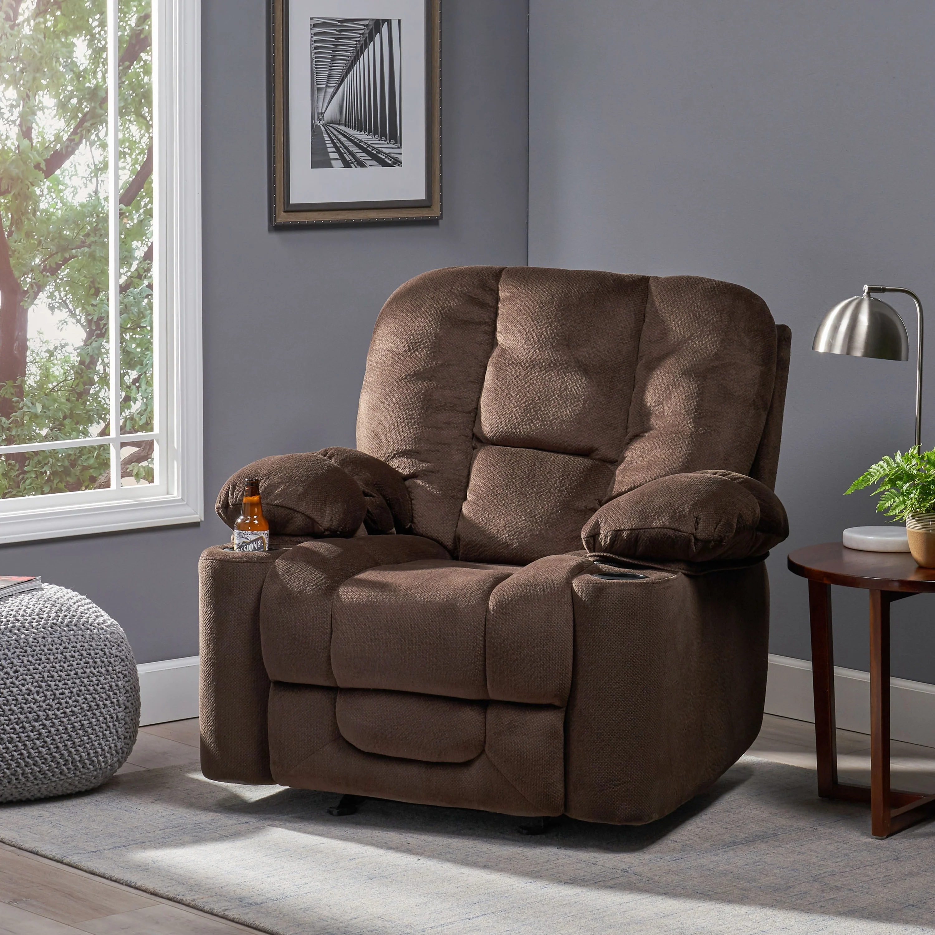 Roomfitters Luxurious Manual Recliner Chair in Chocolate with Skin-Friendly Fabric and Dual Cup Holders