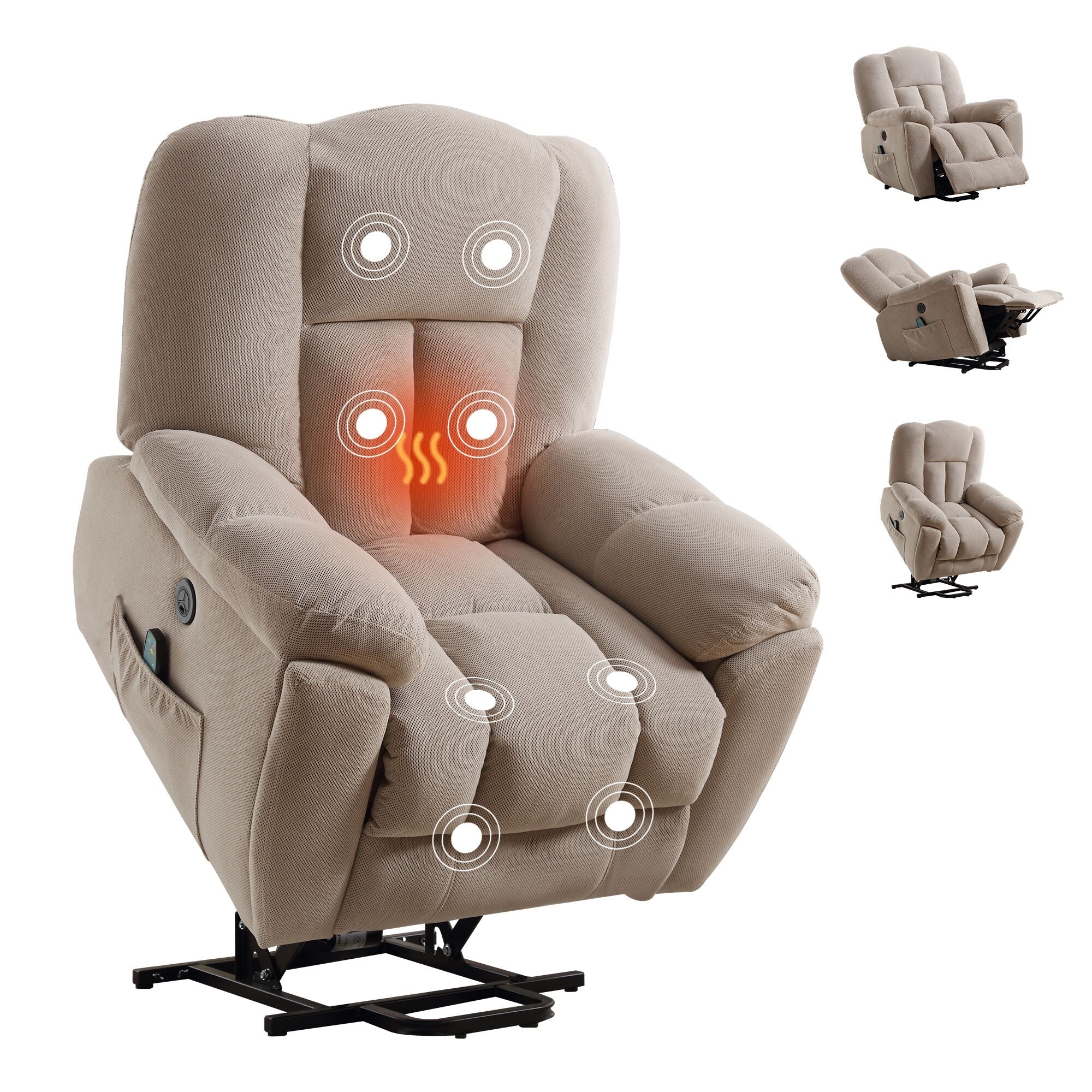 Grey Electric Power Lift Recliner with Heating, Massage, Infinite Positions, USB Charging, and Convenient Side Pockets