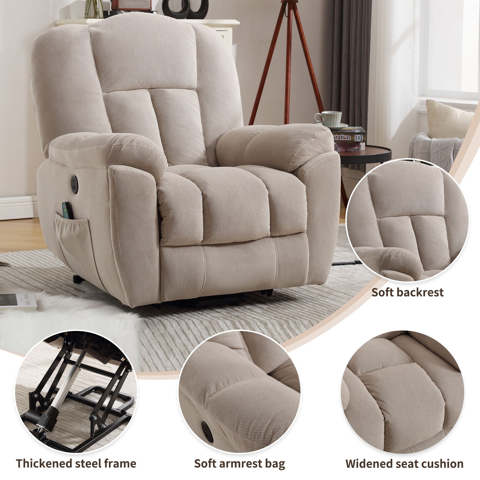 Grey Electric Power Lift Recliner Chair with Heat, Massage, Infinite Position, USB Charging, Side Pockets