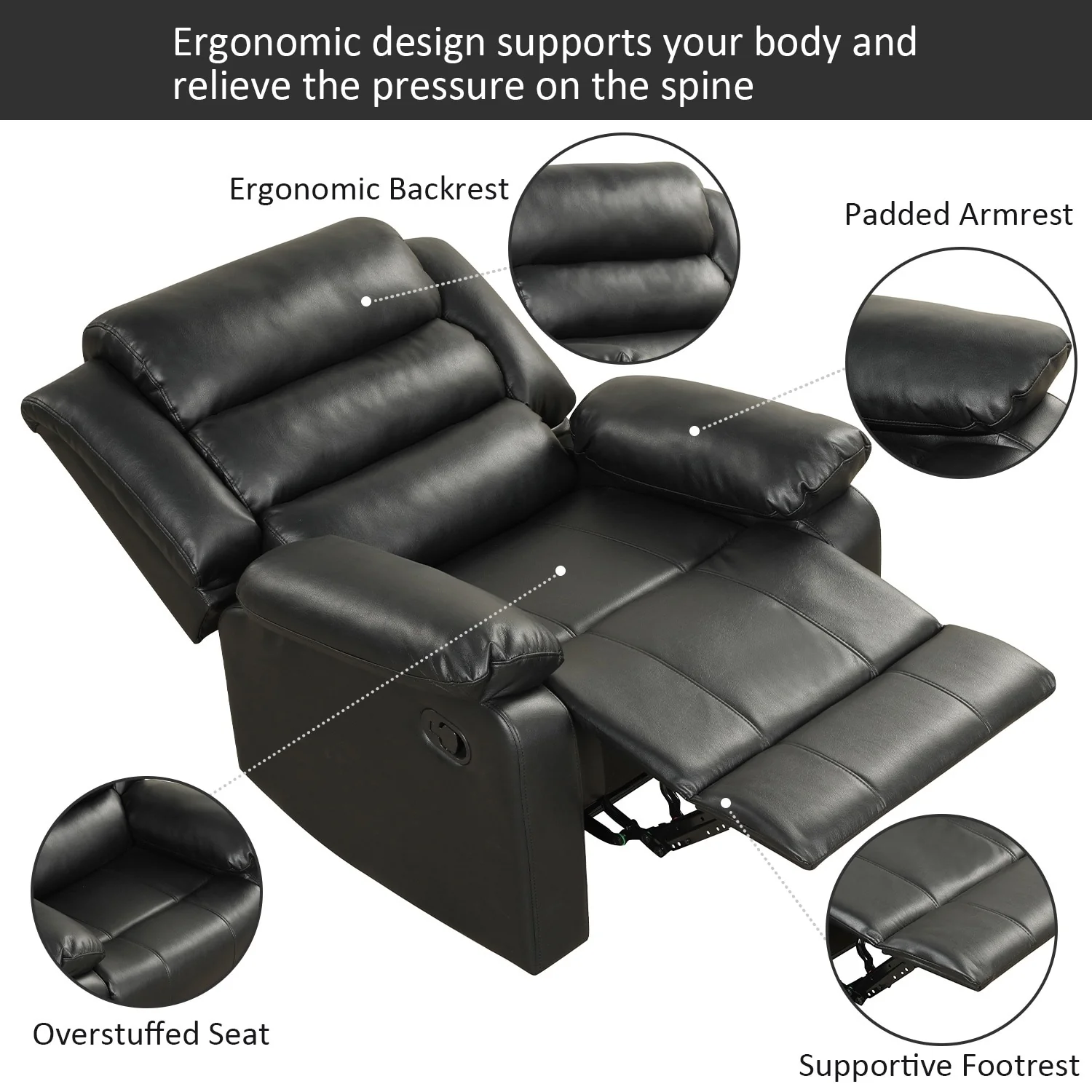 Breathable PU Leather Manual Recliner Chair with Overstuffed Arm and Back