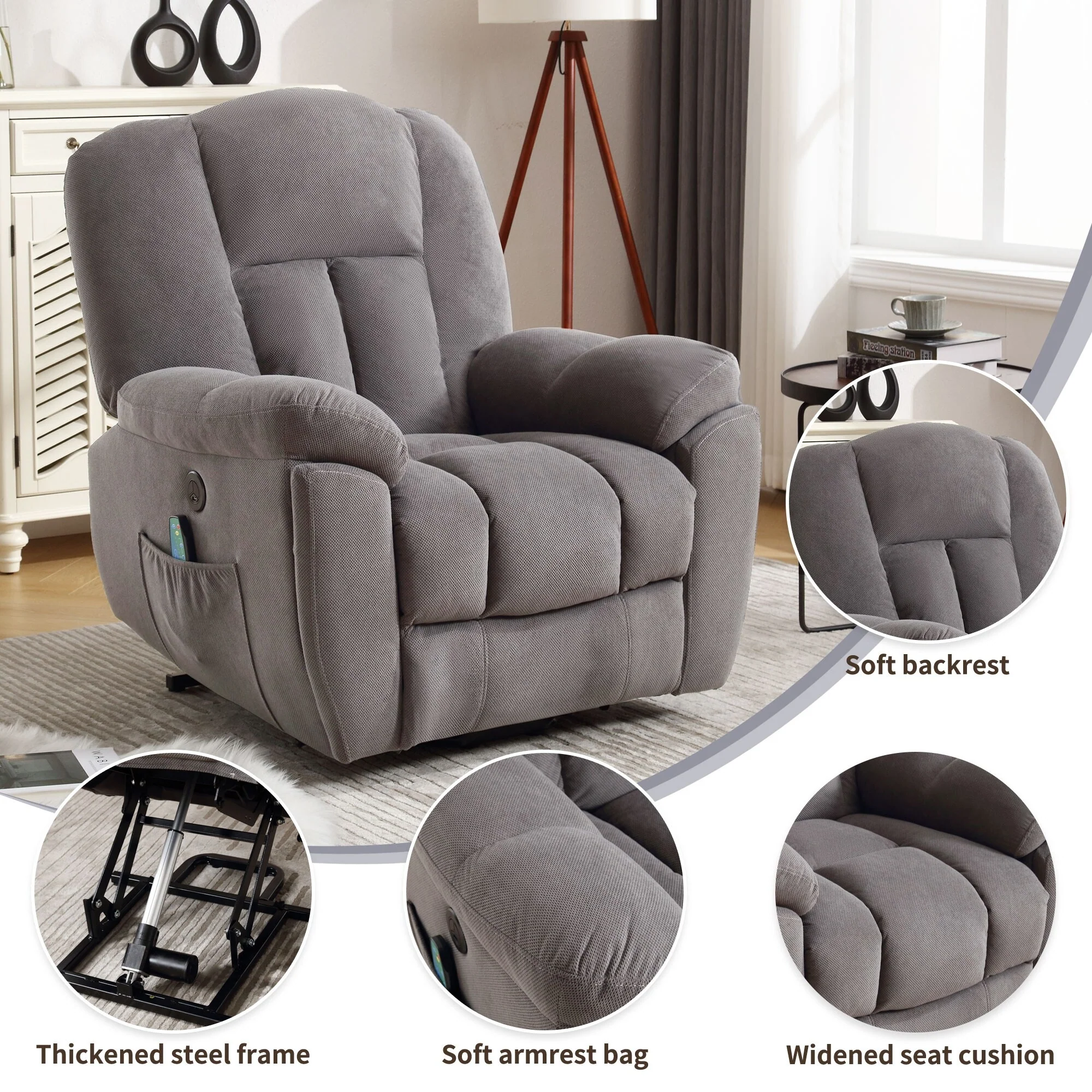 Grey Power Lift Recliner with Heat, Massage, USB, and Infinite Positions