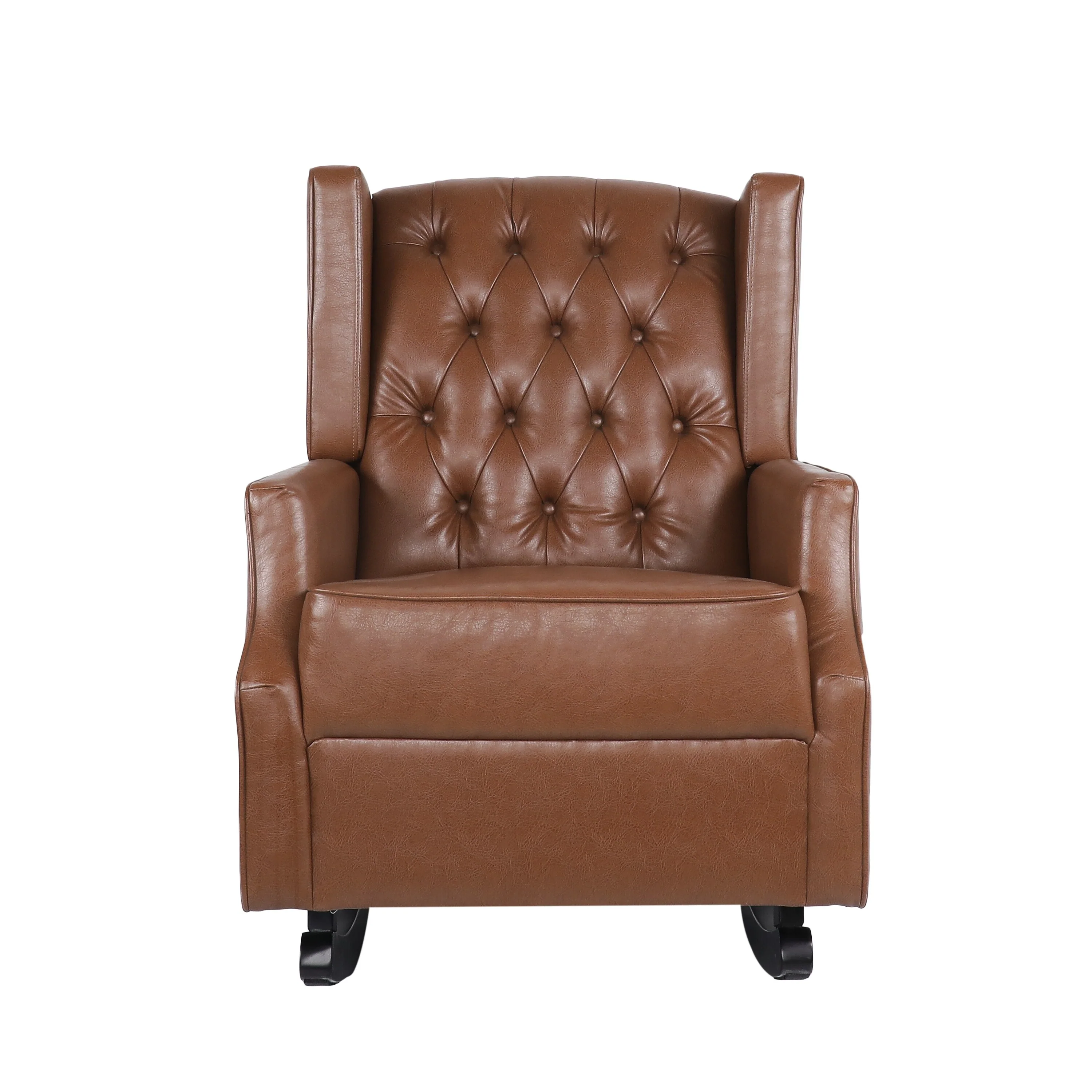 Roomfitters Faux Leather Rocking Chair with Button Tufting and Wingback Design, Upholstered Accent Nursery Chair