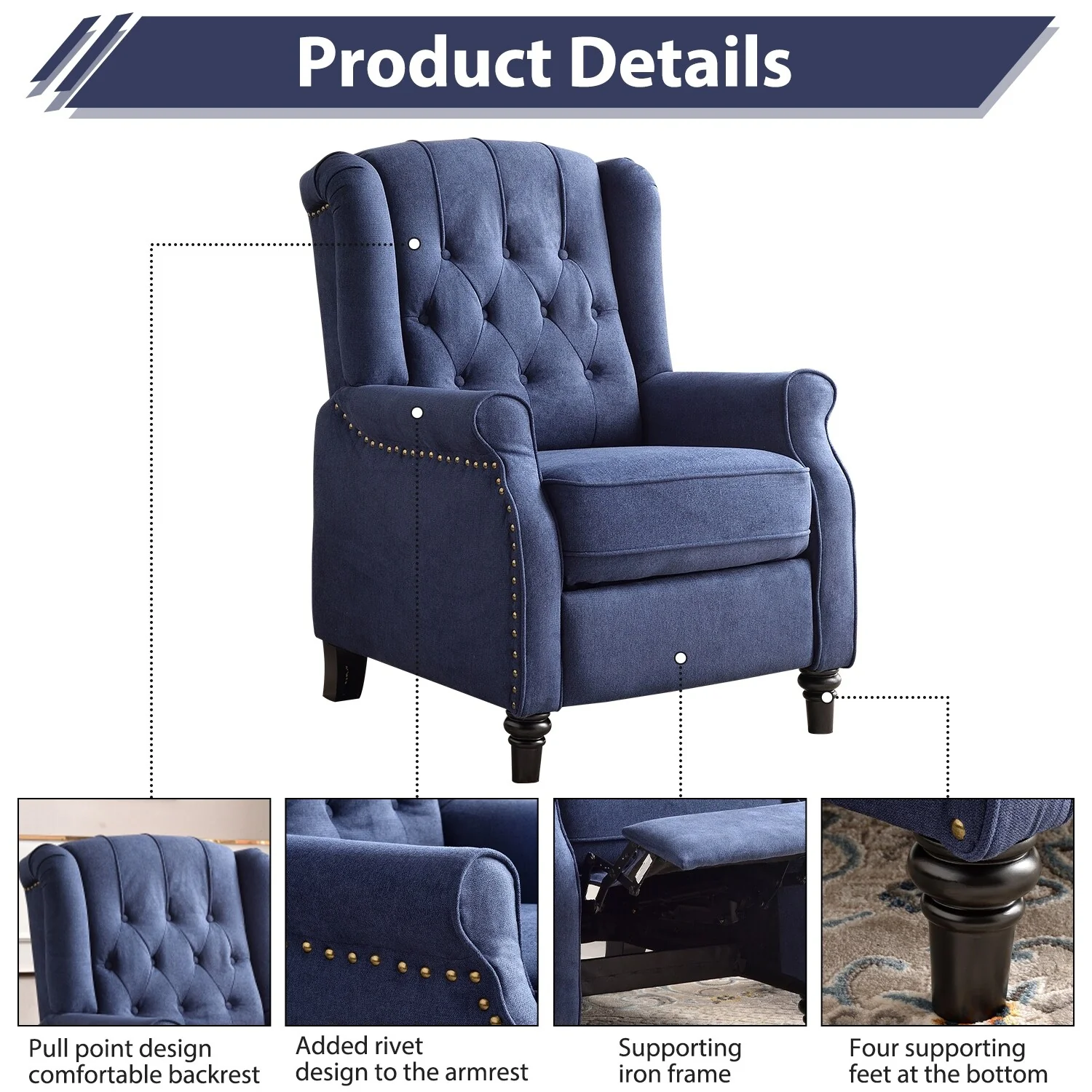 Push Back Recliner with Tufted Back and Wooden Legs