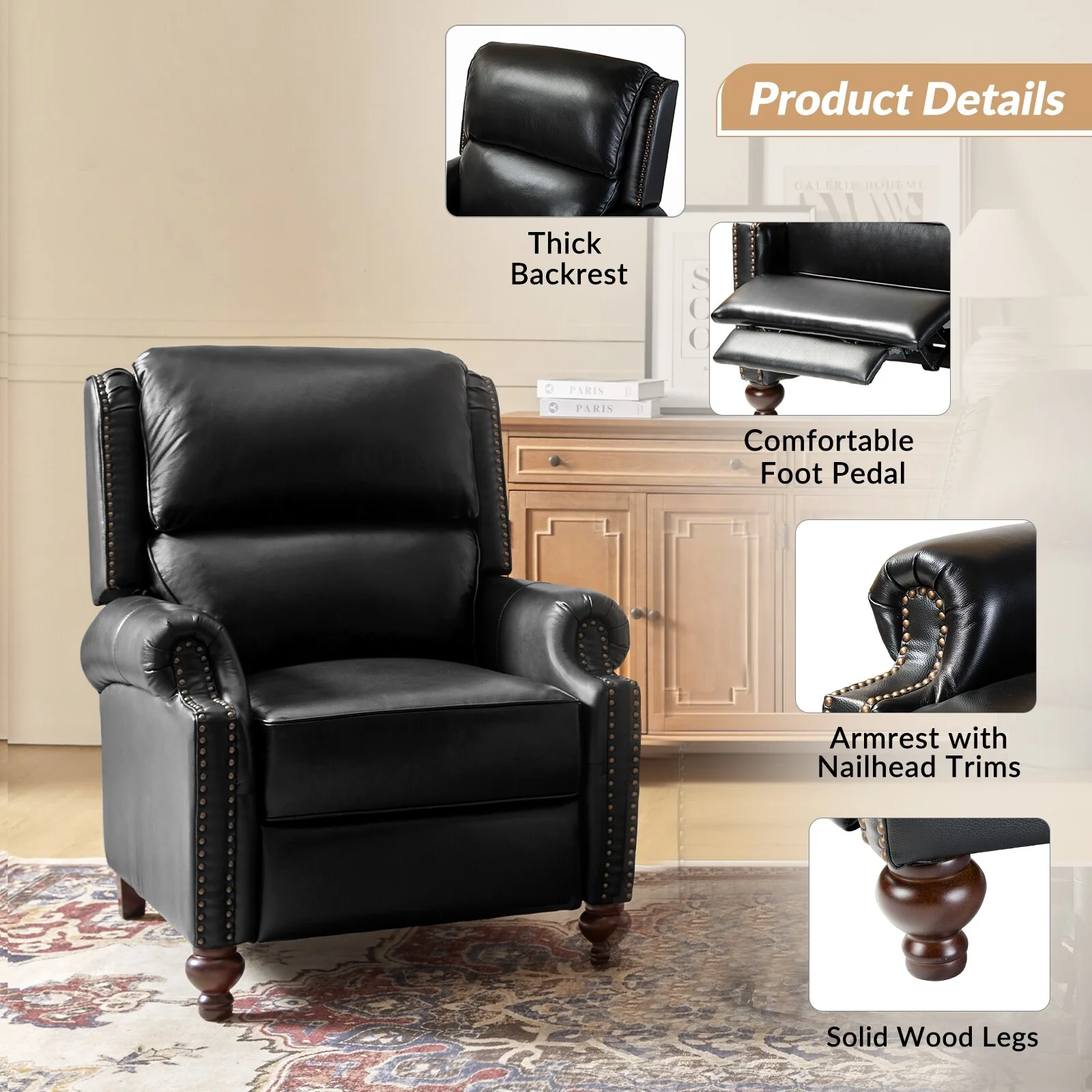 Gabriela Mid-Century Modern Genuine Leather Recliner with Tapered Block Feet by HULALA HOME