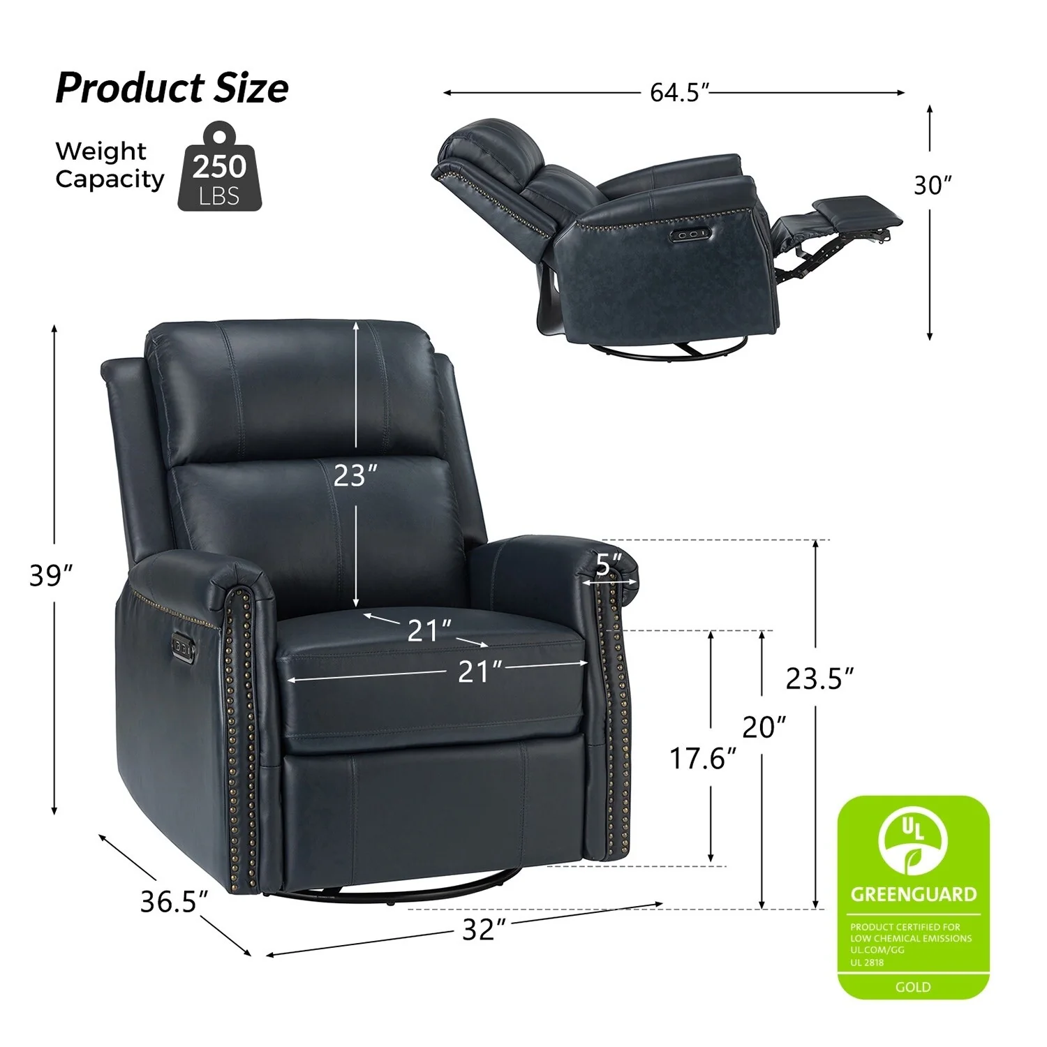 Renato Traditional Genuine Leather Nailhead Power Swivel Recliner Chair with Metal Base Set of 2 by HULALA HOME