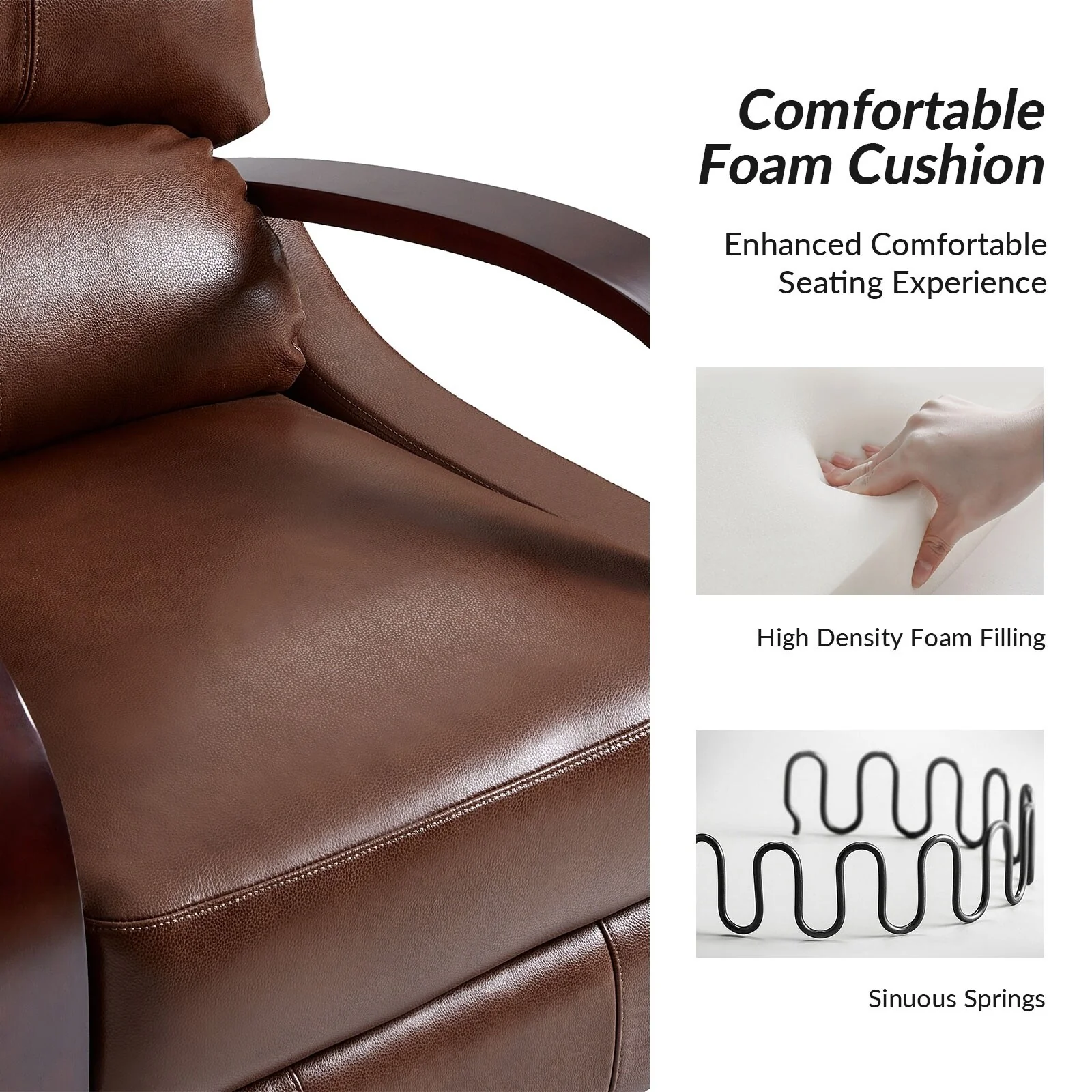 Alex Mid-century Modern Cigar Genuine Leather Manual Recliner with Wooden Curved Arms