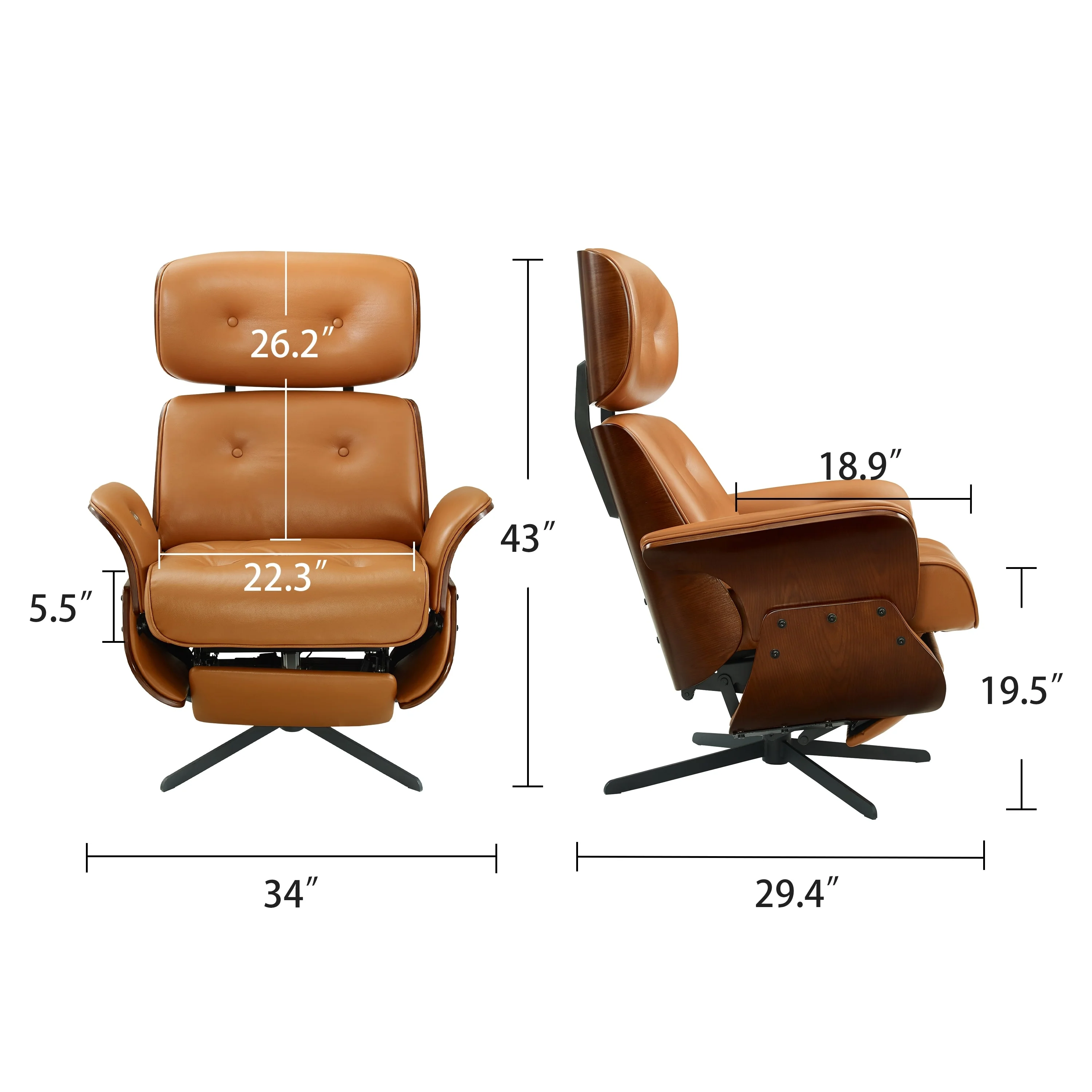 Art Leon Mid-century Modern Genuine Leather Lounge Chair Recliner