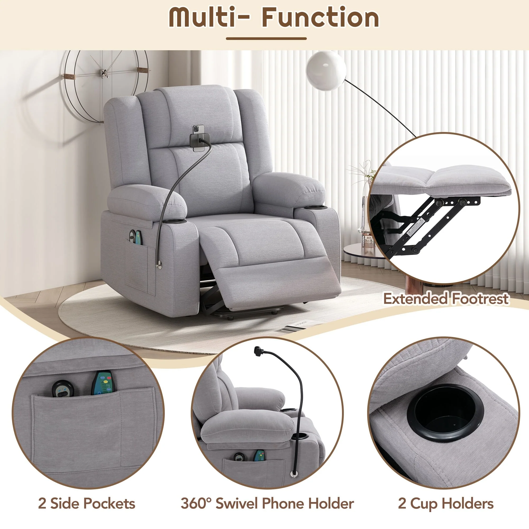 Grey Electric Lift Recliner Chair with Massage, Heating, Cup Holders & 360�� Swivel Phone Holder, Adjustable Recline Options