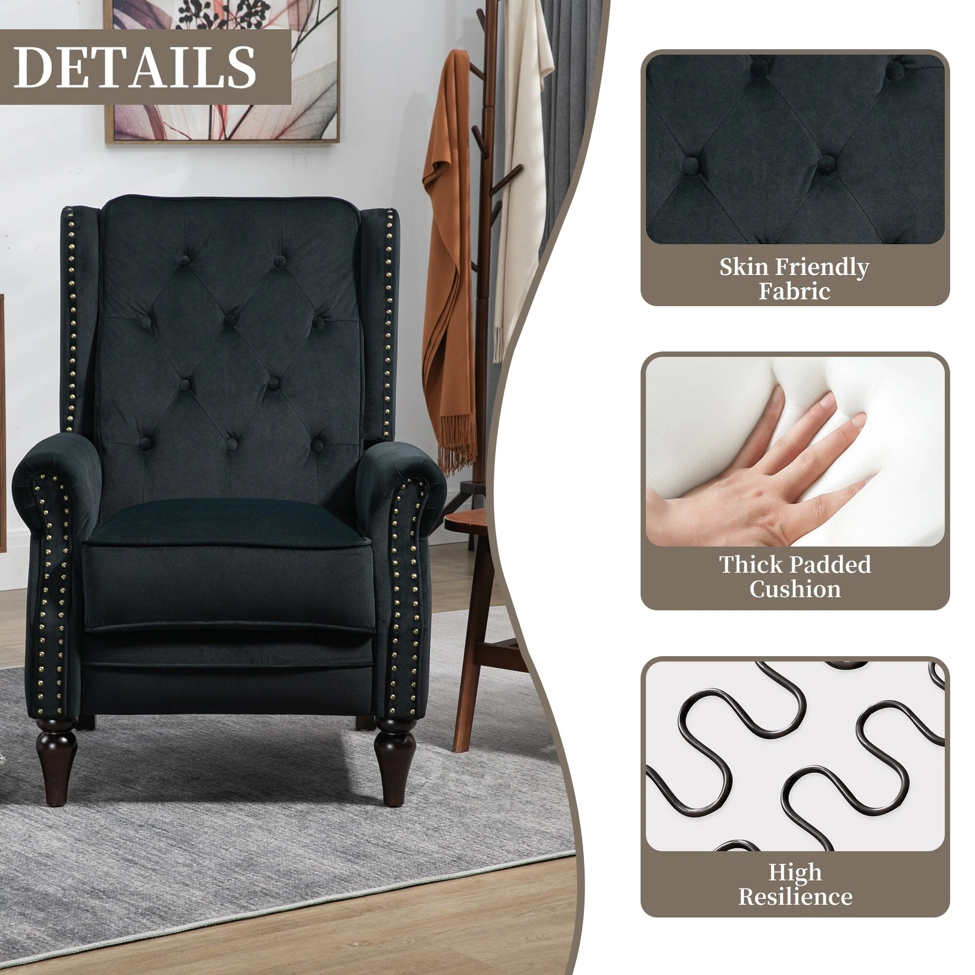 Velvet Upholstered Nailhead Tufted Recliner Chair with Black Legs