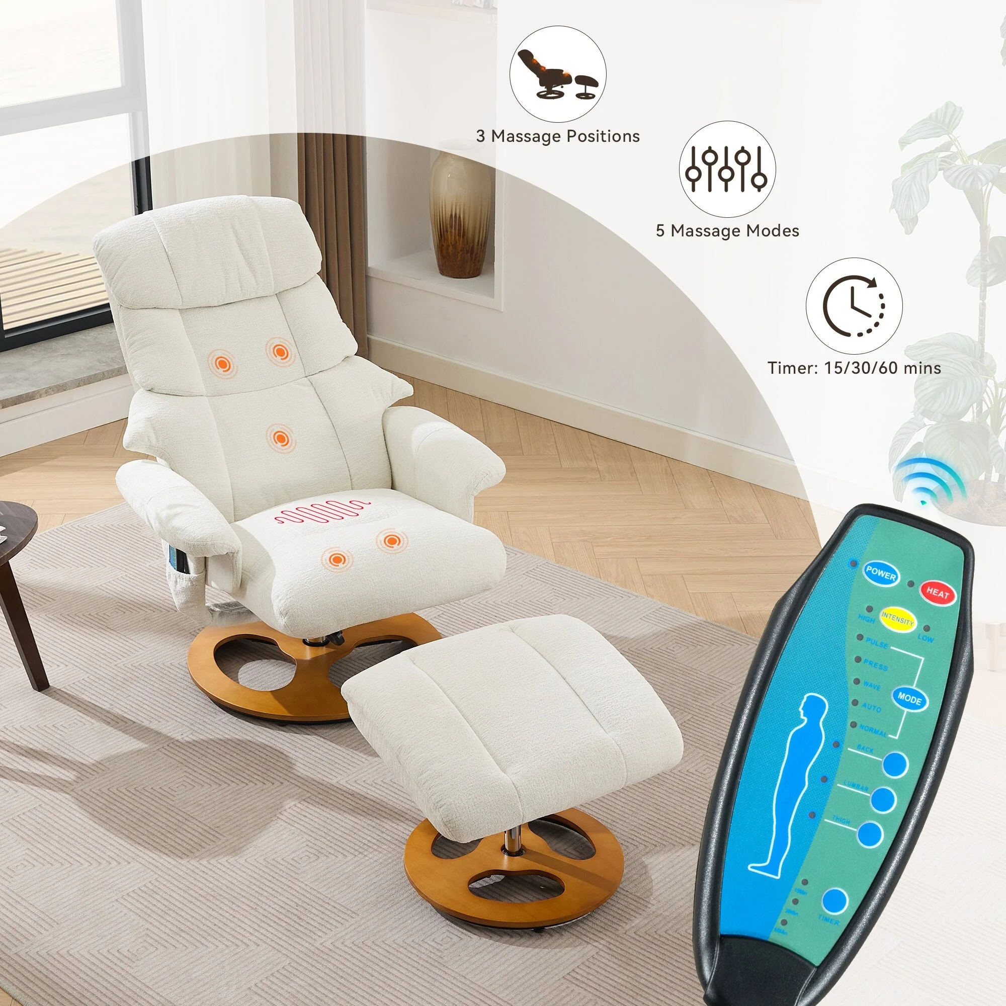 360�� Swivel Ergonomic Recliner Chair with Ottoman, Adjustable Backrest, 5 Vibration Massage, Seat Heating, Chenille Fabric