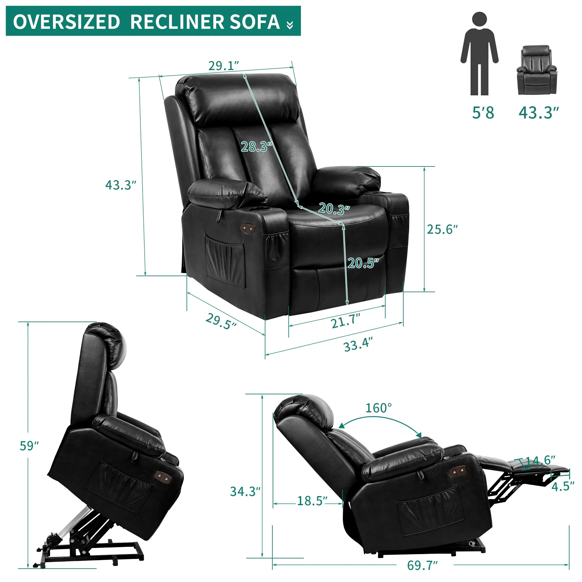 Modern Reclining Chair Faux Leather Massage