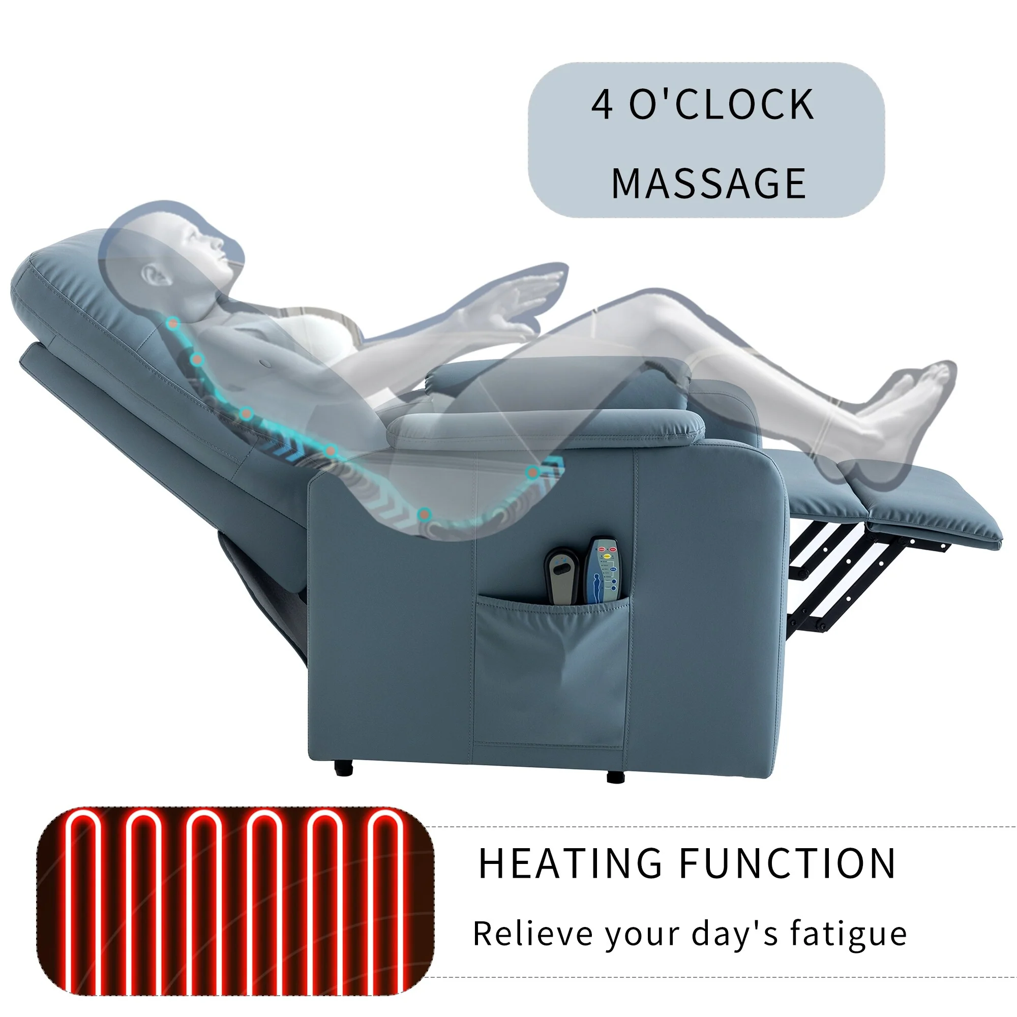 Blue Power Lift Recliner with Massage, Heat, and Side Pocket