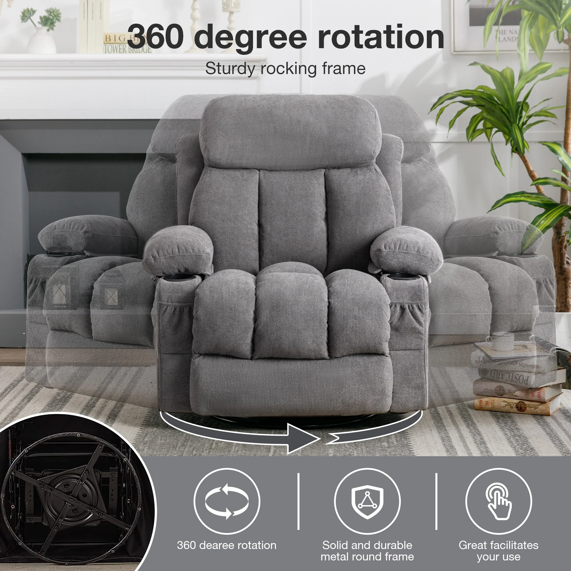 Massage 360 Swivel Rocker Recliner Chair, Heating, Cup Holders, USB