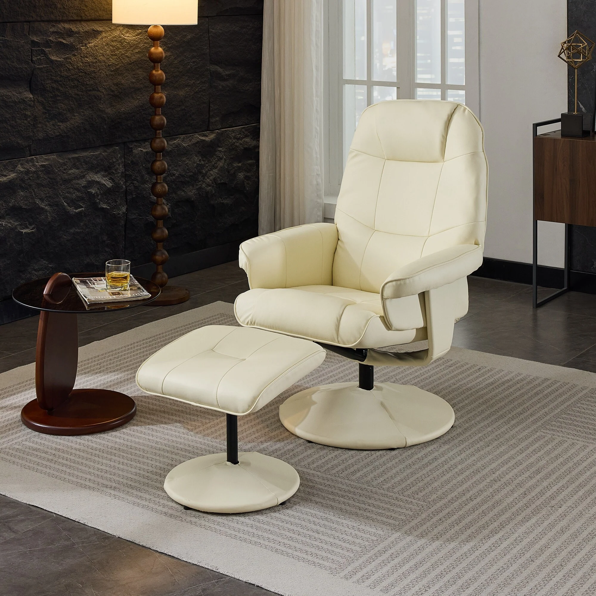 Massage Recliner Chair with Ottoman, 360�� Swivel PU Leather Reclining Chair with Wrapped Base, 5 Point Vibration Massag