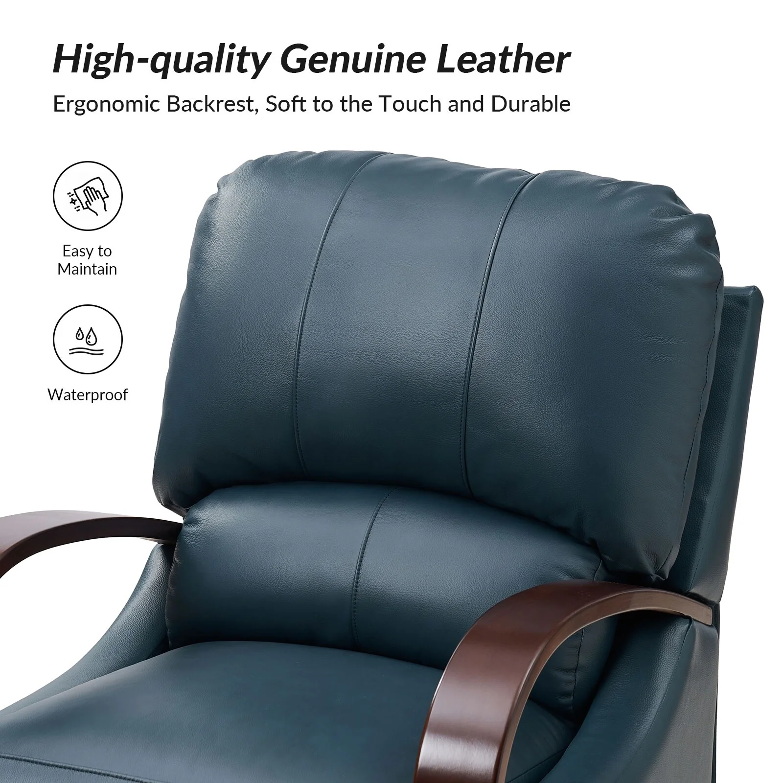 Alex Mid-century Modern Cigar Genuine Leather Manual Recliner with Wooden Curved Arms