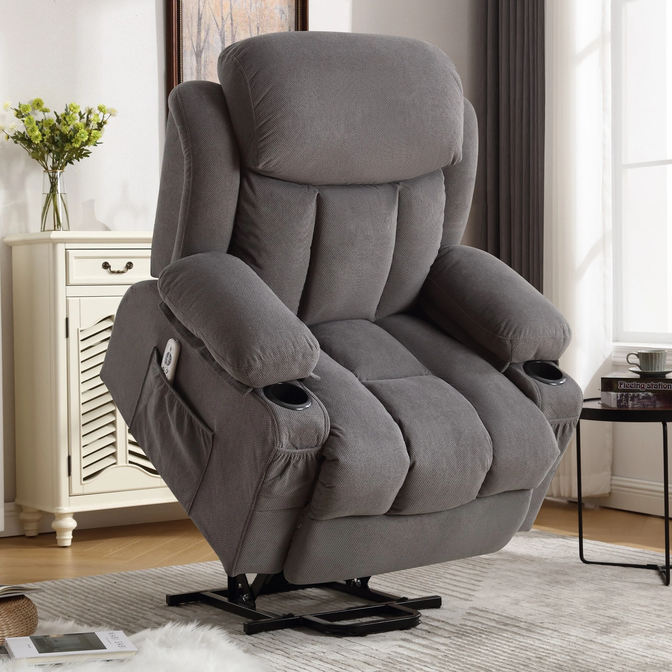 Beige Ergonomic Lift Recliner with Heated Massage, USB Charging, Side Pockets, and Easy Remote Control