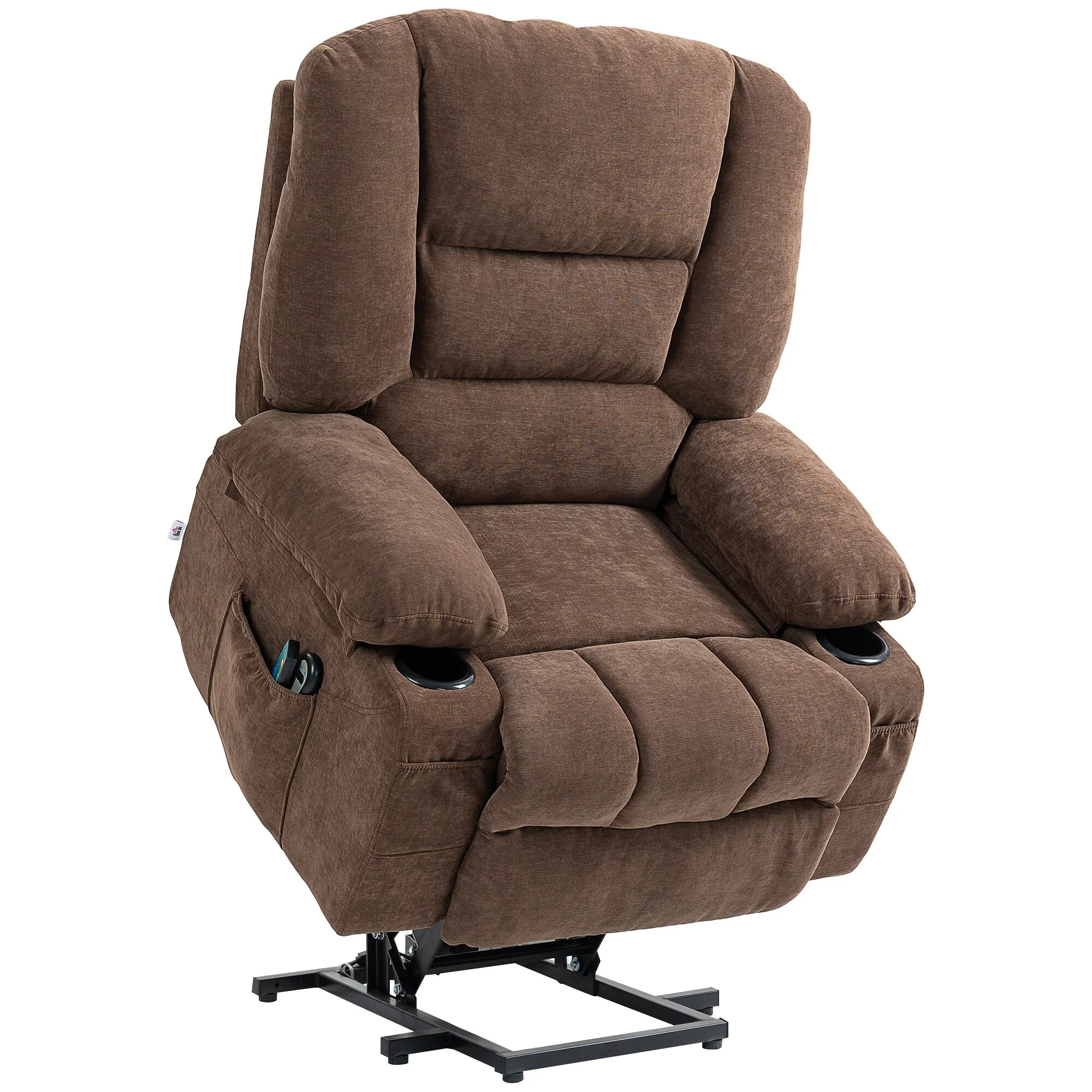 Brown Electric Lift Recliner Chair with Vibration Massage, Heating, Adjustable Positions, Remote Control, and Side Pockets