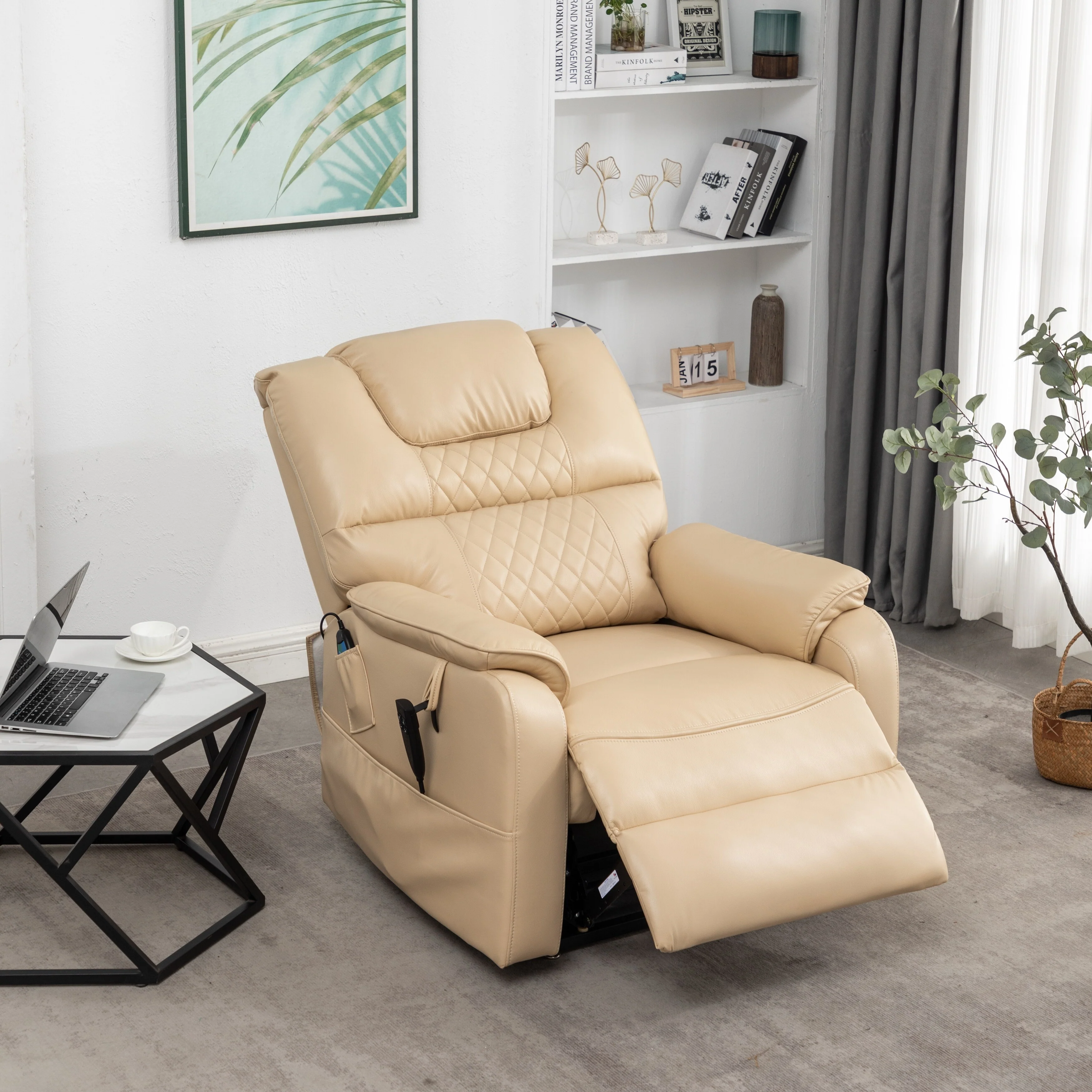 Beige PU Leather Power Lift Recliner, Massage, Flat Lay